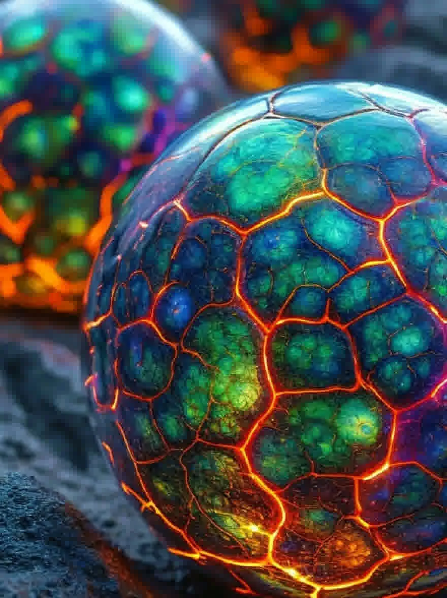 Русский промпт: Крупным планом двух сферических, светящихся сфер с сложными гексагональными узорами в оттенках синего, зеленого и оранжевого. Сферы установлены на темной текстурированной поверхности, с мягким, размытым фоном. Цвета легко сочетаются вместе, создавая завораживающий эффект. Текстура сферов грубая и ухабистая, с трещинами и расщелинами, которые придают им текстурированную внешность. Изображение имеет мечтательное, эфирное качество, с цветами, смешивающимися вместе, чтобы создать увлекательный визуальный эффект. | Original prompt: A close-up of two spherical, glowing spheres with intricate, hexagonal patterns in shades of blue, green, and orange. The spheres are set against a dark, textured surface, with a soft, blurred background. The colors blend together seamlessly, creating a mesmerizing effect. The texture of the spheres is rough and bumpy, with cracks and crevices that give them a textured appearance. The image has a dreamy, ethereal quality, with the colors blending together to create a captivating visual effect.