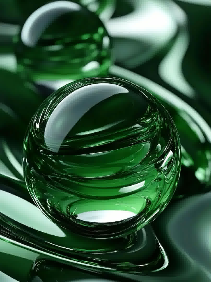 Русский промпт: Крупный план группы зеленого стекла, каждая с гладкой, отражающей поверхностью. Сферы расположены в симметричном рисунке, а некоторые перекрывают друг друга. Фон размыт, с волнистыми линиями различных оттенков зеленого, создавая ощущение глубины и измерения. Общий эффект - это изысканность и элегантность. Фотография имеет высококачественный, профессиональный вид с акцентом на гладкую глянцевую поверхность сфер. | Original prompt: A close-up of a group of green glass spheres, each with a smooth, reflective surface. The spheres are arranged in a symmetrical pattern, with some overlapping each other. The background is blurred, with wavy lines of varying shades of green, creating a sense of depth and dimension. The overall effect is one of sophistication and elegance. The photo has a high-quality, professional look with a focus on the smooth, glossy surface of the spheres.