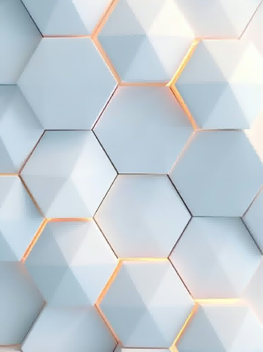 Русский промпт: Фото белого фона с геометрическим рисунком голубых шестигран, расположенных в шестиугольной сетке, каждый шестиугольник имеет свой цвет - светло -голубой, белый и оранжевый. Гексагоны расположены в абстрактном рисунке, с некоторыми перекрывающимися друг с другом, создавая ощущение глубины и измерения. Освещение мягкое и рассеянное, набрав теплое сияние на шестиграны, подчеркивая их гладкие поверхности. Общий эффект представляет собой современный и минималистичный дизайн с акцентом на геометрические формы и текстуры. | Original prompt: Photo of a white background with a geometric pattern of light blue hexagons arranged in a hexagonal grid, each hexagon having a different color - light blue, white, and orange. The hexagons are arranged in an abstract pattern, with some overlapping each other, creating a sense of depth and dimension. The lighting is soft and diffused, casting a warm glow on the hexagons, highlighting their smooth surfaces. The overall effect is a modern and minimalistic design with a focus on geometric shapes and textures.