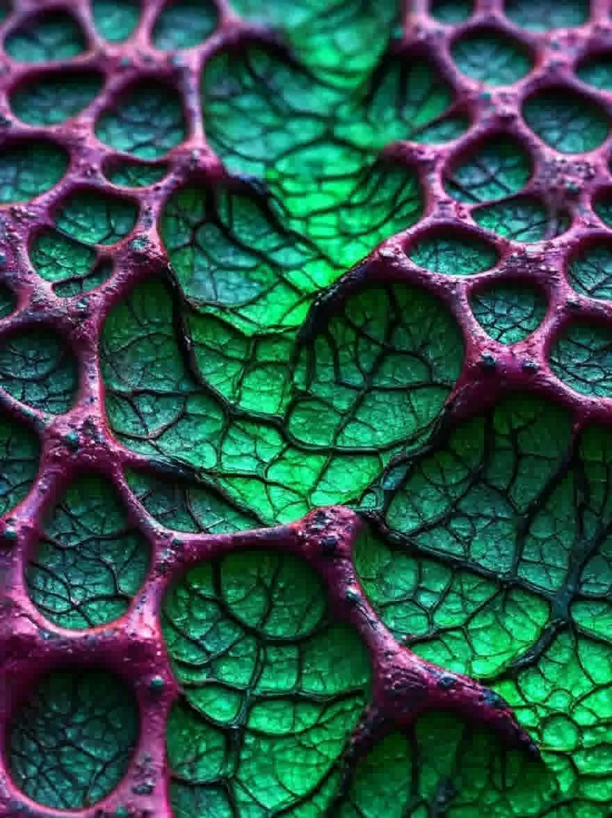 Русский промпт: Крупным планом листа с текстурированной поверхностью, состоящей из гексагональных ячеек с венами и хребтами в оттенках зеленого и розового. Текстура листа грубая и неровная, с глубокими венами, проходящими через него. Листья расположены в круговой схеме, с некоторыми перекрывающимися друг с другом, создавая уникальный рисунок. Фон размыт, что позволяет фокусировке оставаться на сложных деталях листьев. Освещение мягкое и естественное, выделяя вены и текстуру каждого листа. Общий эффект - это глубина и сложность, с акцентом на текстуру и глубину поле. | Original prompt: A close-up of a leaf with a textured surface composed of hexagonal cells, featuring veins and ridges in shades of green and pink. The texture of the leaf is rough and bumpy, with deep veins running through it. The leaves are arranged in a circular pattern, with some overlapping each other, creating a unique pattern. The background is blurred, allowing the focus to remain on the intricate details of the leaves. The lighting is soft and natural, highlighting the veins and texture of each leaf. The overall effect is one of depth and complexity, with a focus on the texture and depth of field.