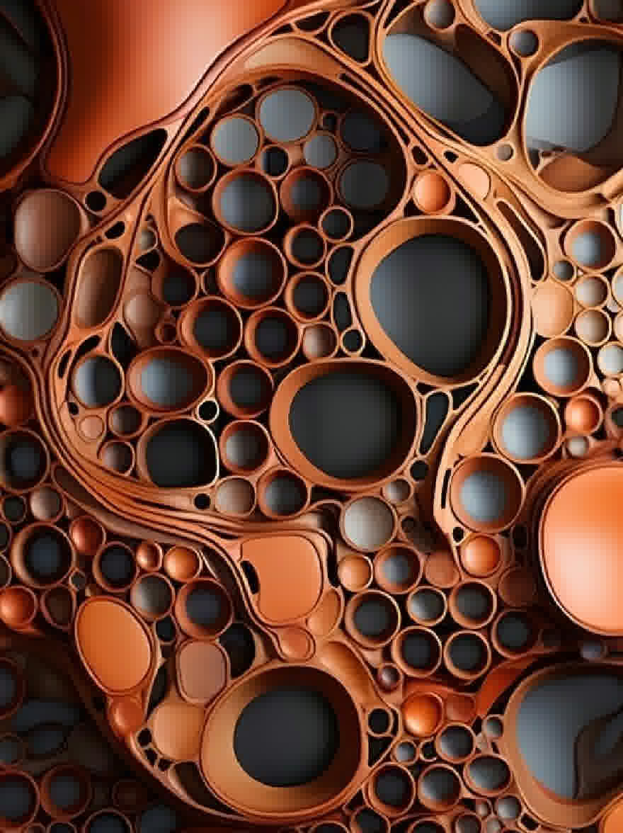 Русский промпт: Крупный план сложного, абстрактного фона, состоящего из медного цвета, цилиндрических фигур, расположенных в повторяющейся схеме. Формы различаются по размеру и форме, а некоторые больше других. Медь имеет теплый красновато-коричневый оттенок, в то время как другие темнее, создавая тонкий контраст. Фон имеет гладкую глянцевую текстуру. Общий эффект - это текучесть и сложность. | Original prompt: A close-up of a complex, abstract background composed of copper-colored, cylindrical shapes arranged in a repeating pattern. The shapes vary in size and shape, with some being larger than others. The copper has a warm, reddish-brown hue, while others are darker, creating a subtle contrast. The background has a smooth, glossy texture. The overall effect is one of fluidity and complexity.