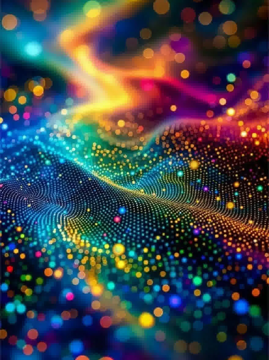 Русский промпт: Яркий, абстрактный цифровой искусство с радужным фоном с волнистым, пунктирным узором. Узор состоит из небольших, красочных точек, которые создают ощущение глубины и размерности. Цвета смешиваются вместе, чтобы создать завораживающий эффект, со смесью блюза, зелени, желтых, апельсинов, красных и пурпурных. Точки расположены в радиальном рисунке, с некоторыми перекрывающимися друг с другом, создавая динамическую и динамическую композицию. Общий эффект - это энергия и вибрация. Изображение имеет мечтательное, эфирное качество, с цветами, которые легко смешиваются друг с другом. | Original prompt: A vibrant, abstract digital art piece featuring a rainbow-colored background with a wavy, dotted pattern. The pattern is composed of small, colorful dots that create a sense of depth and dimensionality. The colors blend together to create a mesmerizing effect, with a mix of blues, greens, yellows, oranges, reds, and purples. The dots are arranged in a radial pattern, with some overlapping each other, creating a dynamic and dynamic composition. The overall effect is one of energy and vibrancy. The image has a dreamy, ethereal quality to it, with the colors blending together seamlessly into one another.