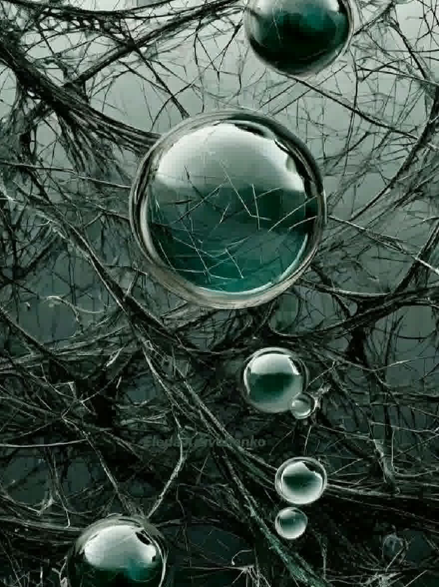 Русский промпт: Фотография темного, абстрактного фона с сочетанием черных и серых тонов с множеством взаимосвязанных прядей тонких, запутанных проводов и маленьких, круглых, полупрозрачных сфер. Сферы различных размеров и форм, с некоторыми более крупными в центре, а другие - меньшие с обеих сторон. Капли воды на сферах отражают свет, создавая мерцающий эффект. Общее настроение таинственное и очаровательное, с чувством глубины и сложности. | Original prompt: Photograph of a dark, abstract background with a mix of black and grey tones, featuring a multitude of interconnected strands of thin, tangled wires and small, round, translucent spheres. The spheres are of varying sizes and shapes, with some larger ones in the center and others smaller ones on either side. The water droplets on the spheres reflect the light, creating a shimmering effect. The overall mood is mysterious and captivating, with a sense of depth and complexity.