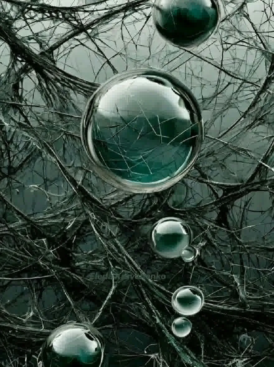Русский промпт: Фотография темного, абстрактного фона с сочетанием черных и серых тонов с множеством взаимосвязанных прядей тонких, запутанных проводов и маленьких, круглых, полупрозрачных сфер. Сферы различных размеров и форм, с некоторыми более крупными в центре, а другие - меньшие с обеих сторон. Капли воды на сферах отражают свет, создавая мерцающий эффект. Общее настроение таинственное и очаровательное, с чувством глубины и сложности. | Original prompt: Photograph of a dark, abstract background with a mix of black and grey tones, featuring a multitude of interconnected strands of thin, tangled wires and small, round, translucent spheres. The spheres are of varying sizes and shapes, with some larger ones in the center and others smaller ones on either side. The water droplets on the spheres reflect the light, creating a shimmering effect. The overall mood is mysterious and captivating, with a sense of depth and complexity.