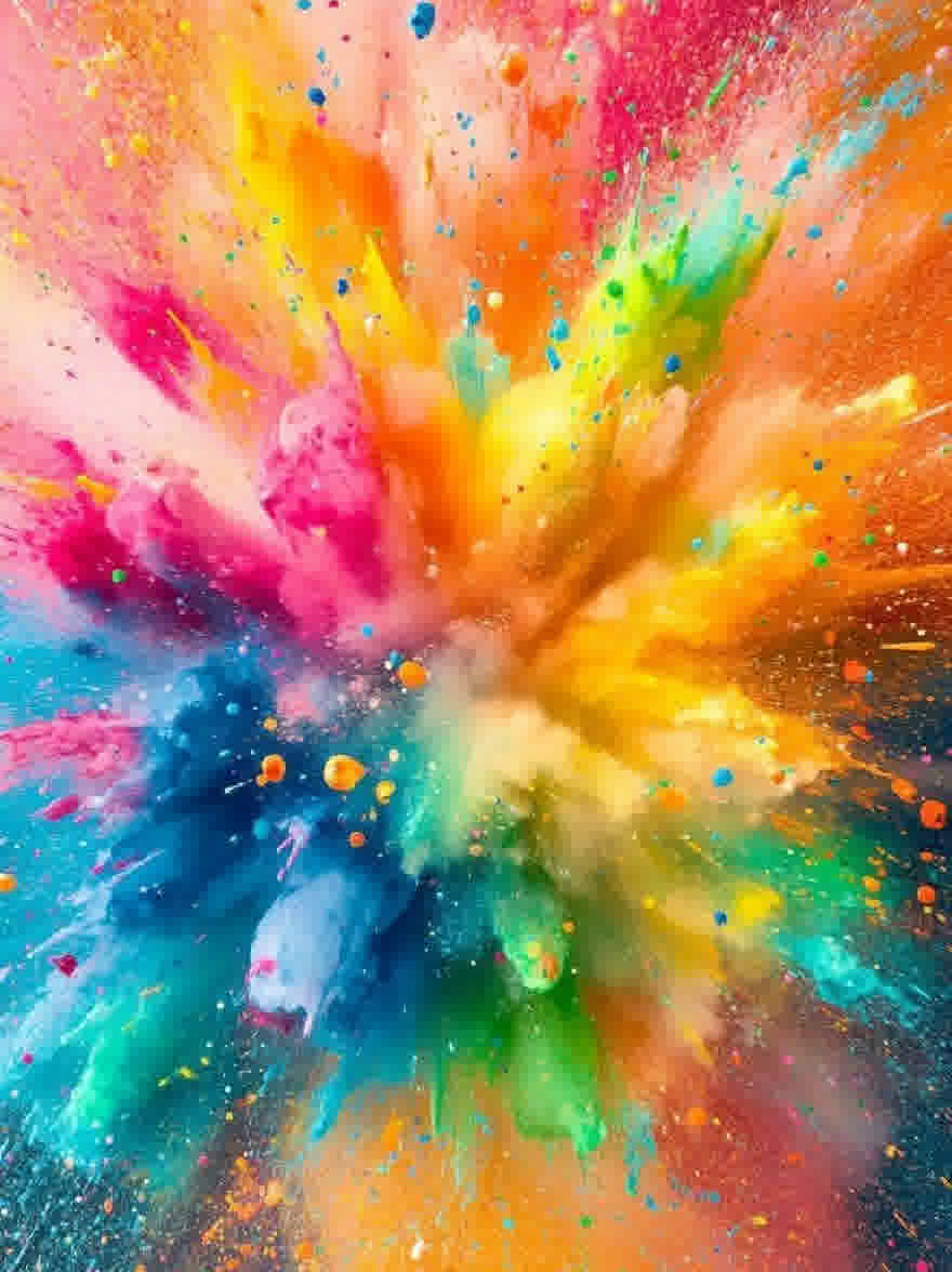 Русский промпт: Яркий взрыв цветного порошка в форме взрыва, со смесью ярких цветов, включая красный, оранжевый, желтый, зеленый, синий, розовый и фиолетовый. Порошок разрывается во всех направлениях, создавая динамичную и энергичную сцену. Фон - твердый белый, обеспечивающий резкий контраст с яркими цветами порошка. Взрыв симметричный и динамичный, с взрывом порошка, который создает чувство движения и энергии. | Original prompt: A vibrant explosion of colored powder in the shape of a burst, with a mix of bright colors including red, orange, yellow, green, blue, pink, and purple. The powder is bursting in all directions, creating a dynamic and energetic scene. The background is a solid white, providing a stark contrast to the vivid colors of the powder. The explosion is symmetrical and dynamic, with the powder exploding in a way that creates a sense of movement and energy.