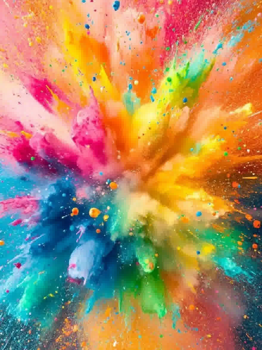 Русский промпт: Яркий взрыв цветного порошка в форме взрыва, со смесью ярких цветов, включая красный, оранжевый, желтый, зеленый, синий, розовый и фиолетовый. Порошок разрывается во всех направлениях, создавая динамичную и энергичную сцену. Фон - твердый белый, обеспечивающий резкий контраст с яркими цветами порошка. Взрыв симметричный и динамичный, с взрывом порошка, который создает чувство движения и энергии. | Original prompt: A vibrant explosion of colored powder in the shape of a burst, with a mix of bright colors including red, orange, yellow, green, blue, pink, and purple. The powder is bursting in all directions, creating a dynamic and energetic scene. The background is a solid white, providing a stark contrast to the vivid colors of the powder. The explosion is symmetrical and dynamic, with the powder exploding in a way that creates a sense of movement and energy.