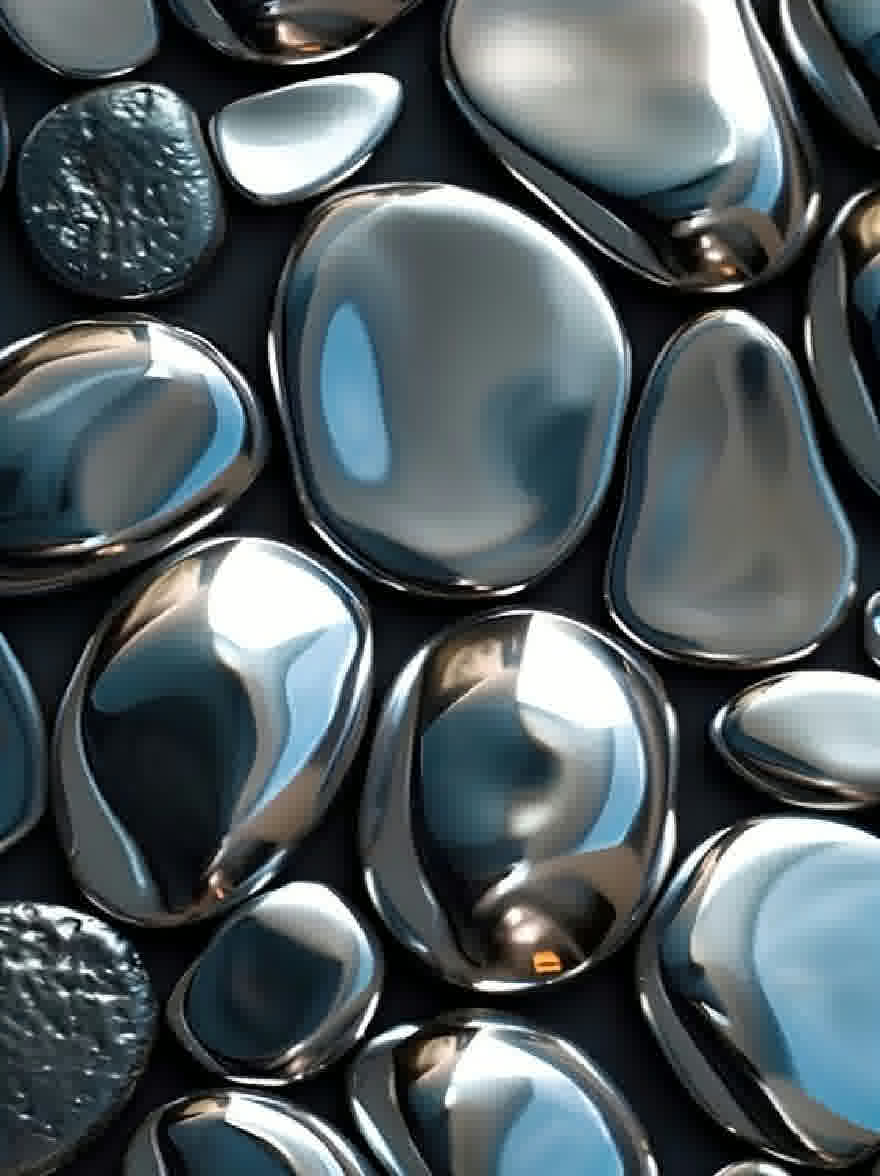 Русский промпт: Крупным планом темной текстурированной поверхности, состоящей из различных металлических гальки различных размеров и форм, все это отражает свет и создает блестящую, отражающую поверхность. Галька, похожие на формы, различаются по размеру и форме, а некоторые имеют гладкую полированную отделку, а другие имеют более округлую форму. Фон - глубокий, темно -синий, обеспечивающий резкий контраст с металлическими текстурами. Освещение мягкое и естественное, подчеркивая гладкость камней. Общий эффект - это глубина и размерность, с акцентом на текстуру и глубину. | Original prompt: A close-up of a dark, textured surface composed of various metallic pebbles of varying sizes and shapes, all reflecting the light and creating a shiny, reflective surface. The pebble-like shapes vary in size and shape, with some having a smooth, polished finish and others having a more rounded shape. The background is a deep, dark blue, providing a stark contrast to the metallic textures. The lighting is soft and natural, highlighting the smoothness of the stones. The overall effect is one of depth and dimensionality, with a focus on texture and depth.