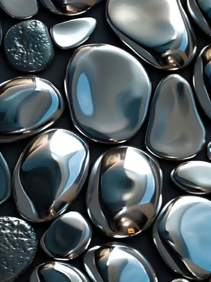 Русский промпт: Крупным планом темной текстурированной поверхности, состоящей из различных металлических гальки различных размеров и форм, все это отражает свет и создает блестящую, отражающую поверхность. Галька, похожие на формы, различаются по размеру и форме, а некоторые имеют гладкую полированную отделку, а другие имеют более округлую форму. Фон - глубокий, темно -синий, обеспечивающий резкий контраст с металлическими текстурами. Освещение мягкое и естественное, подчеркивая гладкость камней. Общий эффект - это глубина и размерность, с акцентом на текстуру и глубину. | Original prompt: A close-up of a dark, textured surface composed of various metallic pebbles of varying sizes and shapes, all reflecting the light and creating a shiny, reflective surface. The pebble-like shapes vary in size and shape, with some having a smooth, polished finish and others having a more rounded shape. The background is a deep, dark blue, providing a stark contrast to the metallic textures. The lighting is soft and natural, highlighting the smoothness of the stones. The overall effect is one of depth and dimensionality, with a focus on texture and depth.