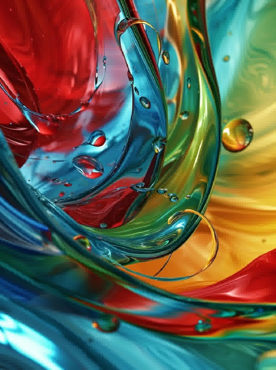 Русский промпт: Крупным планом яркой, абстрактной живописи с гладкой, плавной текстурой. Цвета яркие и яркие, со смесью красного, синего, зеленого, желтого и оранжевого оттенка. Капли воды разбросаны по поверхности, создавая завораживающий эффект. Фон размыт, что позволяет фокусировке оставаться на плавности картины. Картина имеет мечтательное, эфирное качество, с цветами, смешивающимися вместе, чтобы создать ощущение глубины и размерности. Общий эффект - это текучесть и движение. | Original prompt: A close-up of a vibrant, abstract painting with a smooth, fluid texture. The colors are bright and vivid, with a mix of red, blue, green, yellow, and orange hues. Water droplets are scattered across the surface, creating a mesmerizing effect. The background is blurred, allowing the focus to remain on the fluidity of the painting. The painting has a dreamy, ethereal quality, with the colors blending together to create a sense of depth and dimensionality. The overall effect is one of fluidity and movement.