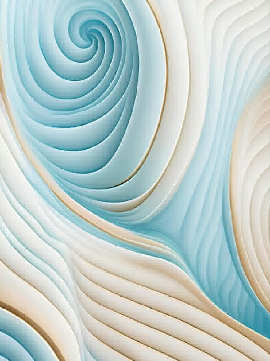 Русский промпт: Крупным планом фотографии кружащегося рисунка голубых и белых волнистых линий, создавая завораживающий эффект. Текстура линий создает ощущение глубины и измерения, с светло -голубым вверху и белым внизу. Линии расположены в спиральном рисунке, с некоторыми перекрывающимися друг с другом, создавая абстрактную и динамическую композицию. Фон - твердый белый, обеспечивающий резкий контраст с кружащимися узорами. Общий эффект является одним из безмятежности и спокойствия. | Original prompt: A close-up photograph of a swirling pattern of light blue and white wavy lines, creating a mesmerizing effect. The texture of the lines creates a sense of depth and dimension, with the light blue at the top and the white at the bottom. The lines are arranged in a spiral pattern, with some overlapping each other, creating an abstract and dynamic composition. The background is a solid white, providing a stark contrast to the swirling patterns. The overall effect is one of serenity and tranquility.