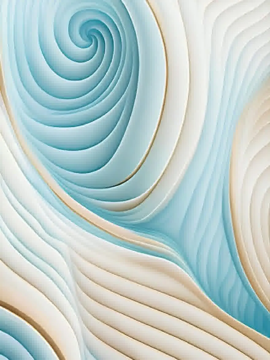 Русский промпт: Крупным планом фотографии кружащегося рисунка голубых и белых волнистых линий, создавая завораживающий эффект. Текстура линий создает ощущение глубины и измерения, с светло -голубым вверху и белым внизу. Линии расположены в спиральном рисунке, с некоторыми перекрывающимися друг с другом, создавая абстрактную и динамическую композицию. Фон - твердый белый, обеспечивающий резкий контраст с кружащимися узорами. Общий эффект является одним из безмятежности и спокойствия. | Original prompt: A close-up photograph of a swirling pattern of light blue and white wavy lines, creating a mesmerizing effect. The texture of the lines creates a sense of depth and dimension, with the light blue at the top and the white at the bottom. The lines are arranged in a spiral pattern, with some overlapping each other, creating an abstract and dynamic composition. The background is a solid white, providing a stark contrast to the swirling patterns. The overall effect is one of serenity and tranquility.