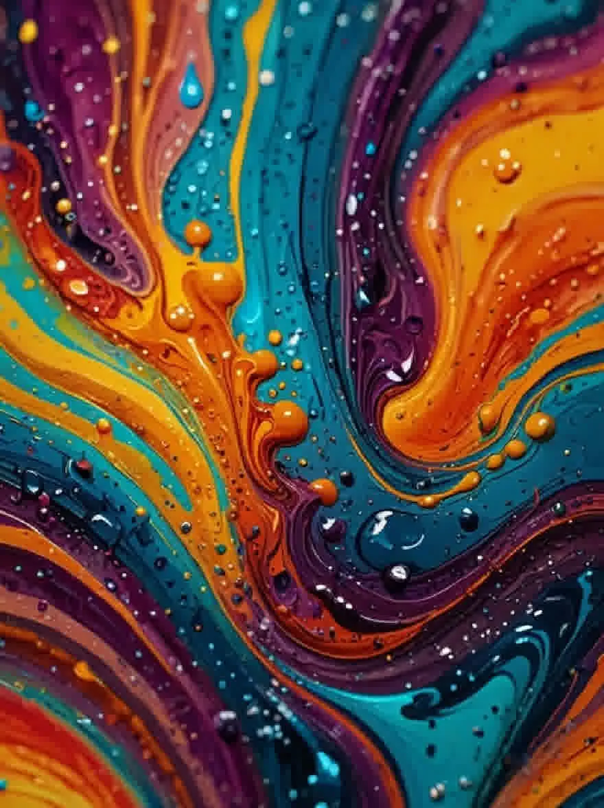 Русский промпт: Крупным планом яркой, абстрактной живописи с жидкой, жидкой текстурой. Картина состоит из множества цветов, включая синие, зелень, желтые, апельсины, красные и пурпурные, создавая радужную узор. Капли воды разбросаны по поверхности, блестящая на свете. Цвета легко сочетаются вместе, создавая завораживающий эффект. Текстура гладкая и плавная, с вихрями и кривыми, которые создают ощущение движения и глубины. Общий эффект - это энергия и вибрация. | Original prompt: A close-up of a vibrant, abstract painting with a fluid, fluid texture. The painting is composed of a variety of colors, including blues, greens, yellows, oranges, reds, and purples, creating a rainbow-like pattern. Water droplets are scattered across the surface, glistening in the light. The colors blend together seamlessly, creating an mesmerizing effect. The texture is smooth and fluid, with swirls and curves that create a sense of movement and depth. The overall effect is one of energy and vibrancy.