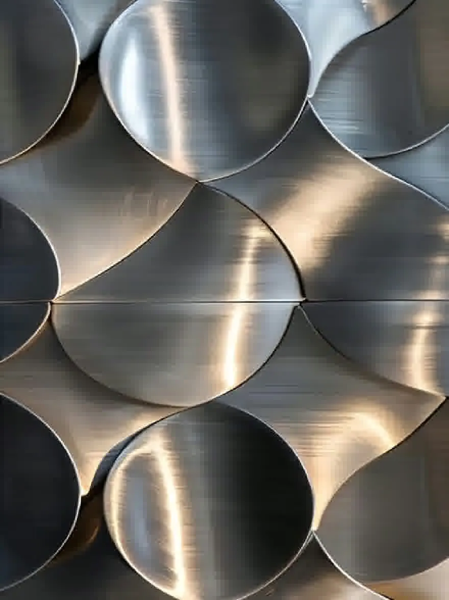 Русский промпт: Крупный план металлической поверхности, состоящей из изогнутых волнистых форм. Текстура поверхности гладкая и отражающая, с металлическим блеском. Формы различаются по размеру и форме, создавая уникальный и интересный визуальный эффект. Освещение мягкое и естественное, литье тени на поверхности. Общий эффект - это изысканность и элегантность. | Original prompt: A close-up of a metallic surface composed of curved, wavy shapes. The texture of the surface is smooth and reflective, with a metallic sheen. The shapes vary in size and shape, creating a unique and interesting visual effect. The lighting is soft and natural, casting shadows on the surface. The overall effect is one of sophistication and elegance.