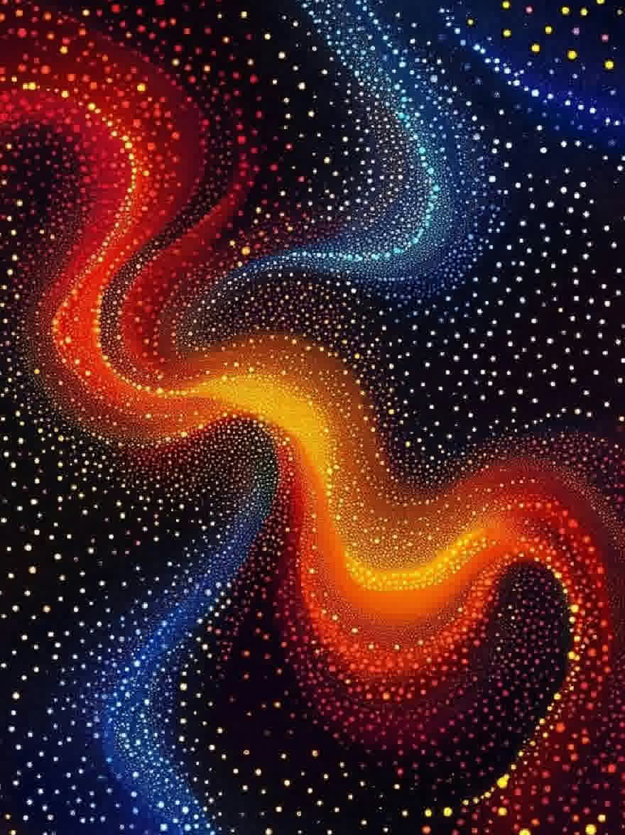 Русский промпт: Цифровая живопись яркого, динамичного, абстрактного дизайна, состоящего из разноцветных точек, расположенных в узоре из кружаясь на темном звездном фоне. Цвета включают красный, оранжевый, синий, желтый и зеленый, создавая завораживающий эффект. Точки равномерно распределены и расположены в перекрывающемся манере, а некоторые перекрывают друг друга. Общий эффект - это энергия и движение, с цветами, смешивающимися вместе, чтобы создать ощущение глубины и размерности. Фон - глубокий, темный черный, обеспечивающий резкий контраст с яркими цветами точек. Изображение имеет мечтательное, эфирное качество. | Original prompt: A digital painting of a vibrant, dynamic, abstract design composed of multicolored dots arranged in a swirling pattern on a dark, starry background. The colors include red, orange, blue, yellow, and green, creating a mesmerizing effect. The dots are evenly spaced and arranged in an overlapping manner, with some overlapping each other. The overall effect is one of energy and movement, with the colors blending together to create a sense of depth and dimensionality. The background is a deep, dark black, providing a stark contrast to the bright colors of the dots. The image has a dreamy, ethereal quality to it.