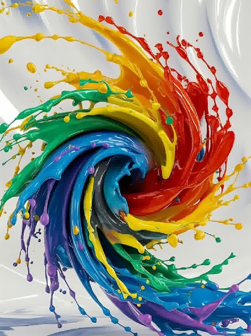 Русский промпт: Яркая, абстрактная живопись с кружащимся вихрем красочных брызг краски и брызг в центре. Цвета яркие и яркие, со смесью красного, желтого, зеленого, синего, фиолетового и оранжевого оттенка. Фон - твердый белый, обеспечивающий резкий контраст с яркими цветами краски. Краска разбрызгивается и искажена, создавая динамическую и динамическую композицию. Общий эффект - это энергия и движение, с цветами, смешивающимися вместе, чтобы создать завораживающий эффект. | Original prompt: A vibrant, abstract painting with a swirling vortex of colorful paint splashes and splashes in the center. The colors are bright and vivid, with a mix of red, yellow, green, blue, purple, and orange hues. The background is a solid white, providing a stark contrast to the vivid colors of the paint. The paint is splattered and distorted, creating a dynamic and dynamic composition. The overall effect is one of energy and movement, with the colors blending together to create a mesmerizing effect.