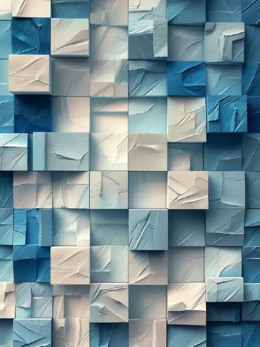 Русский промпт: Фотография стены, состоящей из синих и белых кубиков, расположенных в сетке, создавая текстурированный и абстрактный фон. Кубики имеют разные размеры и формы, а некоторые больше, чем другие. Текстура кубиков грубо и неровная, с видимыми трещинами и щелками. Освещение мягкое и рассеянное, набрав мягкое сияние на кубиках. Общий эффект - это современность и изощренность. | Original prompt: Photo of a wall composed of blue and white cubes arranged in a grid pattern, creating a textured and abstract background. The cubes are of varying sizes and shapes, with some being larger than others. The texture of the cubes is rough and uneven, with visible cracks and crevices. The lighting is soft and diffused, casting a gentle glow on the cubes. The overall effect is one of modernity and sophistication.