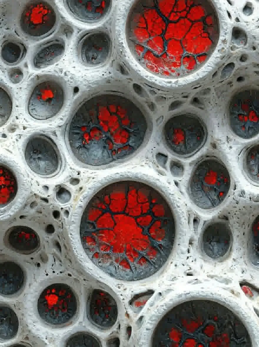 Русский промпт: Крупным планом бетонной поверхности с круглыми отверстиями, каждая из которых содержит небольшое количество красного лишайника. У лишайника есть красновато-красный оттенок, в некоторых областях появляются темные, а другие легче. Текстура бетона является грубой и неровной, с видимыми трещинами и щели. Общий эффект - один из распада и распада. | Original prompt: A close-up of a concrete surface with circular holes, each containing a small amount of red lichen. The lichen has a reddish-red hue, with some areas appearing darker and others lighter. The texture of the concrete is rough and uneven, with cracks and crevices visible. The overall effect is one of decay and decay.