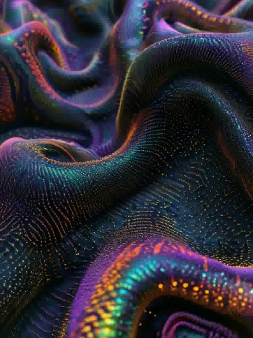 Русский промпт: Крупным планом снимка яркой текстурированной ткани с волнистым органическим узором. Ткань имеет множество цветов, в том числе блюз, зелень, желтые и розовые, создавая завораживающий эффект. Текстура гладкая и шелковистая, с тонким блеском, который залавливает свет. Фон не фокусируется, позволяя фокусировке оставаться на сложных узорах и текстурах ткани. Общий эффект - это глубина и сложность: цвета плавно сочетаются вместе, чтобы создать ощущение движения и энергии. | Original prompt: A close-up shot of a vibrant, textured fabric with a wavy, organic pattern. The fabric has a variety of colors, including blues, greens, yellows, and pinks, creating a mesmerizing effect. The texture is smooth and silky, with a subtle sheen that catches the light. The background is out of focus, allowing the focus to remain on the intricate patterns and textures of the fabric. The overall effect is one of depth and complexity, with the colors blending together seamlessly to create a sense of movement and energy.