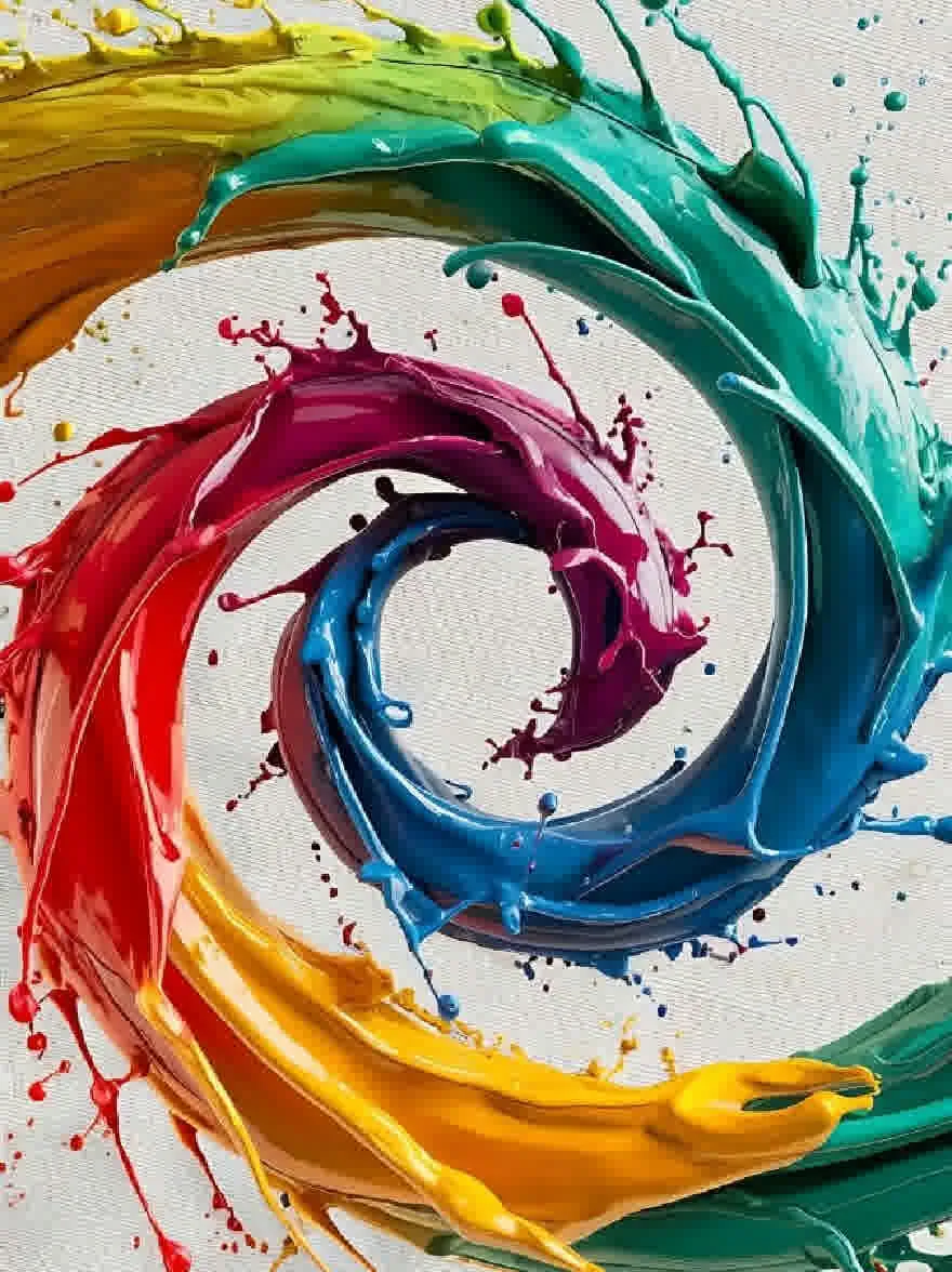 Русский промпт: Яркая, абстрактная картина с круглой формой, состоящей из брызг разных цветов. Цвета включают красный, желтый, зеленый, синий и фиолетовый. Всплески расположены в симметричном схеме, создавая чувство равновесия и гармонии. Фон представляет собой простой, нейтральный бежевый цвет, позволяющий цветам выделиться. Общий эффект - это энергия и движение. | Original prompt: A vibrant, abstract painting with a circular shape made up of splashes of different colors. The colors include red, yellow, green, blue, and purple. The splashes are arranged in a symmetrical pattern, creating a sense of balance and harmony. The background is a simple, neutral beige color, allowing the colors to stand out. The overall effect is one of energy and movement.
