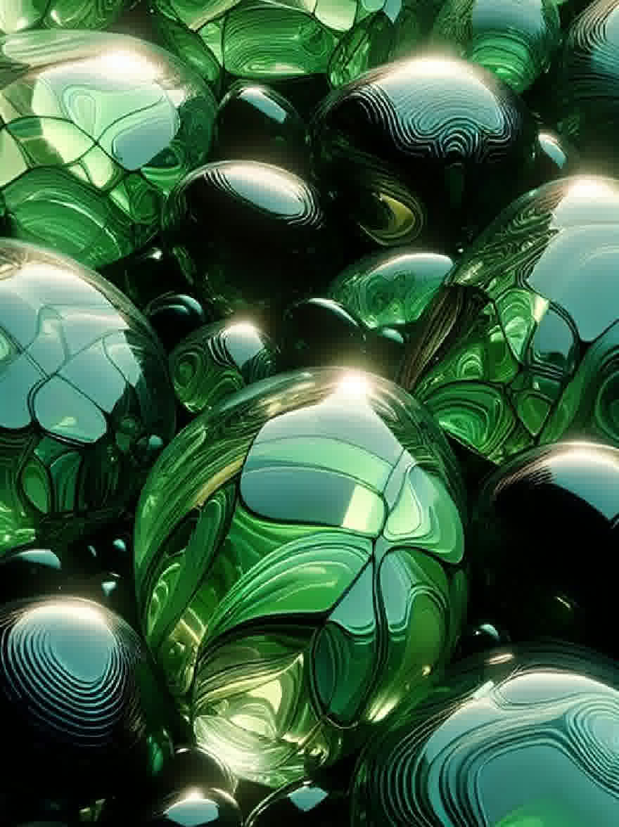Русский промпт: Крупным планом группы зеленого стекла со сложными узорами и отражениями. Сферы различных размеров и форм, а некоторые больше, чем другие. Цвета варьируются от светло -зеленого до темно -зеленого, с глянцевой отделкой, которая отражает свет. Паттерны на сферах различаются по размеру и форме, создавая завораживающий эффект. Фон темный, что дает резкий контраст с ярким зеленым сфер. Общий эффект - это глубина и сложность. | Original prompt: A close-up of a group of green glass spheres with intricate patterns and reflections. The spheres are of varying sizes and shapes, with some being larger than others. The colors range from light green to dark green, with a glossy finish that reflects the light. The patterns on the spheres vary in size and shape, creating a mesmerizing effect. The background is dark, providing a stark contrast to the vibrant green of the spheres. The overall effect is one of depth and complexity.