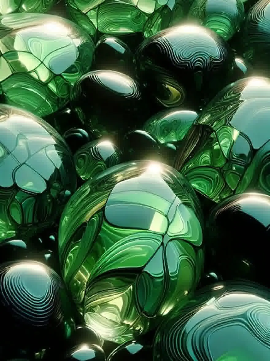 Русский промпт: Крупным планом группы зеленого стекла со сложными узорами и отражениями. Сферы различных размеров и форм, а некоторые больше, чем другие. Цвета варьируются от светло -зеленого до темно -зеленого, с глянцевой отделкой, которая отражает свет. Паттерны на сферах различаются по размеру и форме, создавая завораживающий эффект. Фон темный, что дает резкий контраст с ярким зеленым сфер. Общий эффект - это глубина и сложность. | Original prompt: A close-up of a group of green glass spheres with intricate patterns and reflections. The spheres are of varying sizes and shapes, with some being larger than others. The colors range from light green to dark green, with a glossy finish that reflects the light. The patterns on the spheres vary in size and shape, creating a mesmerizing effect. The background is dark, providing a stark contrast to the vibrant green of the spheres. The overall effect is one of depth and complexity.
