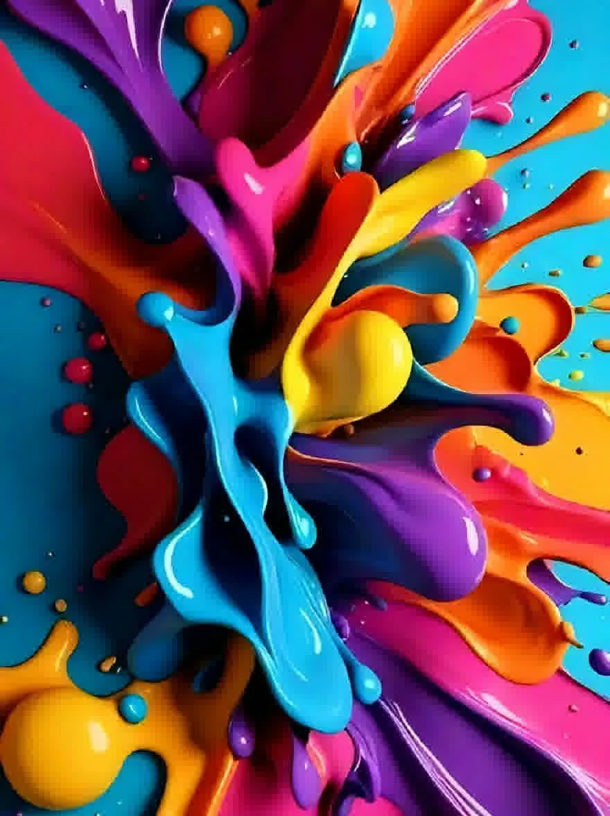 Русский промпт: Фото яркого, абстрактного, красочного фона с жидкой, жидкой текстурой. Цвета яркие и яркие, со смесью блюза, зелени, желтых и красных. Текстура гладкая и гладкая, с брызгами разных размеров и форм. Фон - твердый, ярко -синий. Общий эффект - это текучесть и движение. Изображение высокое качество и имеет высокое разрешение. | Original prompt: Photo of a vibrant, abstract, colorful background with a fluid, fluid texture. The colors are bright and vivid, with a mix of blues, greens, yellows, and reds. The texture is smooth and smooth, with splashes of different sizes and shapes. The background is a solid, bright blue. The overall effect is one of fluidity and movement. The image is high quality and has a high resolution.