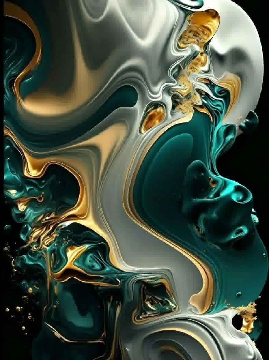Русский промпт: Высоко детальная, жидкая, абстрактная живопись с гладкой, жидкой текстурой. Цвета преимущественно чирки, серебро и золото, создавая поразительный контраст на темном фоне. Текстура жидкая и гладкая, с различными оттенками чирок и серебра, смешивающегося вместе, чтобы создать завораживающий эффект. Золотые акценты добавляют оттенки элегантности и изысканности в общую композицию. Общий эффект - это изысканность и элегантность. | Original prompt: A highly detailed, fluid, abstract painting with a smooth, fluid texture. The colors are predominantly teal, silver, and gold, creating a striking contrast against the dark background. The texture is fluid and smooth, with varying shades of teal and silver blending together to create a mesmerizing effect. The gold accents add a touch of elegance and sophistication to the overall composition. The overall effect is one of sophistication and elegance.