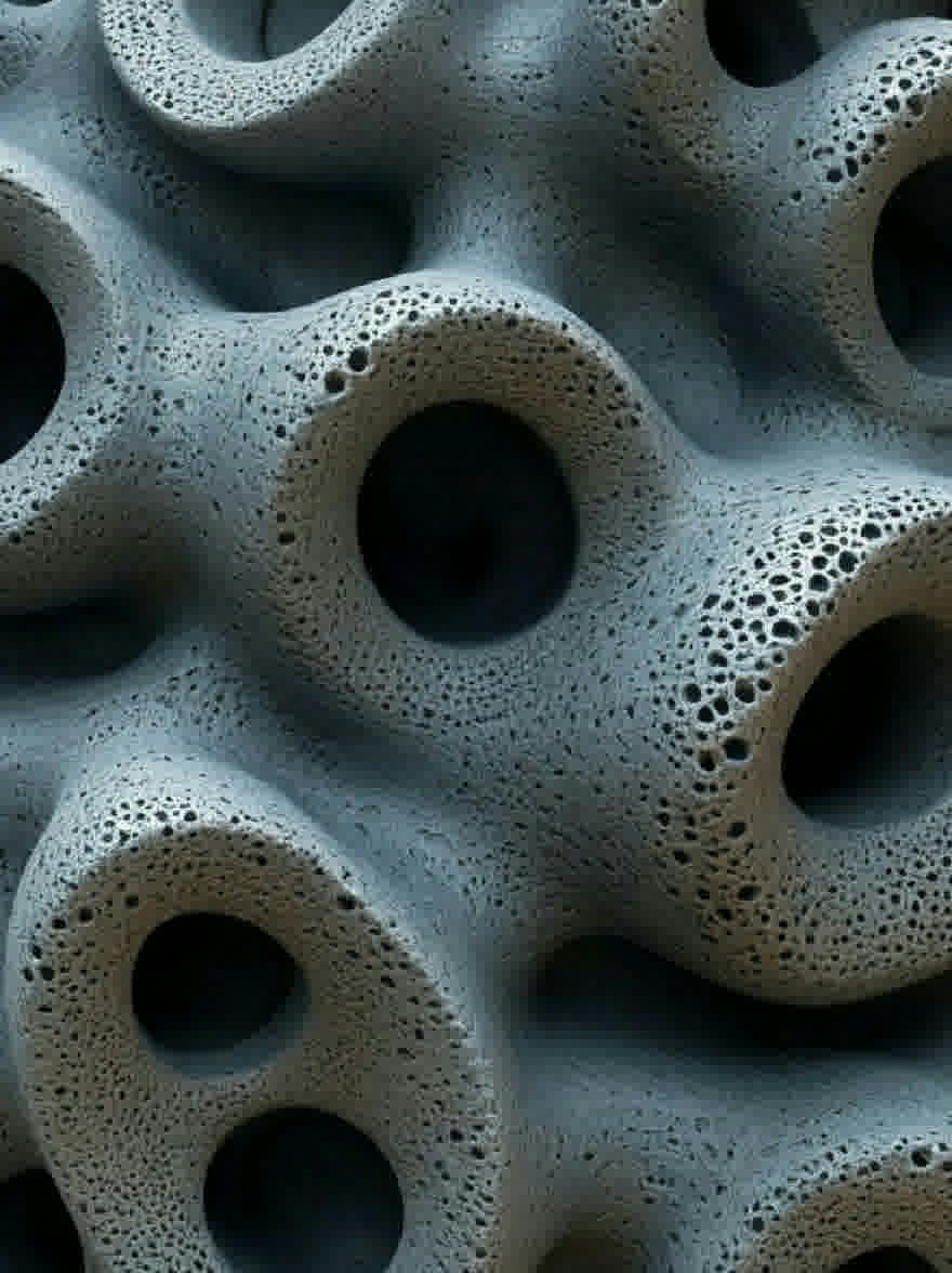 Русский промпт: Крупным планом бетонной структуры с текстурированной поверхностью, состоящей из отверстий нерегулярной формы, создавая уникальный рисунок. Отверстия равномерно распределены и различаются по размеру и форме, с некоторыми более крупными, перекрывающимися друг с другом. Текстура бетона грубая и неровная, с видимыми гребнями и канавками. Фон представляет собой твердый темно -синий цвет, обеспечивающий резкий контраст с бетонной структурой. Общий эффект - это глубина и размерность. | Original prompt: A close-up of a concrete structure with a textured surface composed of irregularly shaped holes, creating a unique pattern. The holes are evenly spaced and vary in size and shape, with some larger ones overlapping each other. The texture of the concrete is rough and uneven, with visible ridges and grooves. The background is a solid, dark blue color, providing a stark contrast to the concrete structure. The overall effect is one of depth and dimensionality.