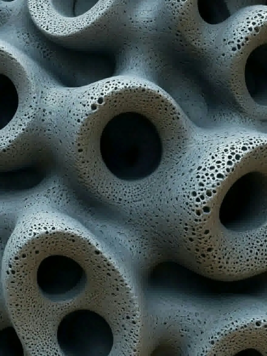 Русский промпт: Крупным планом бетонной структуры с текстурированной поверхностью, состоящей из отверстий нерегулярной формы, создавая уникальный рисунок. Отверстия равномерно распределены и различаются по размеру и форме, с некоторыми более крупными, перекрывающимися друг с другом. Текстура бетона грубая и неровная, с видимыми гребнями и канавками. Фон представляет собой твердый темно -синий цвет, обеспечивающий резкий контраст с бетонной структурой. Общий эффект - это глубина и размерность. | Original prompt: A close-up of a concrete structure with a textured surface composed of irregularly shaped holes, creating a unique pattern. The holes are evenly spaced and vary in size and shape, with some larger ones overlapping each other. The texture of the concrete is rough and uneven, with visible ridges and grooves. The background is a solid, dark blue color, providing a stark contrast to the concrete structure. The overall effect is one of depth and dimensionality.