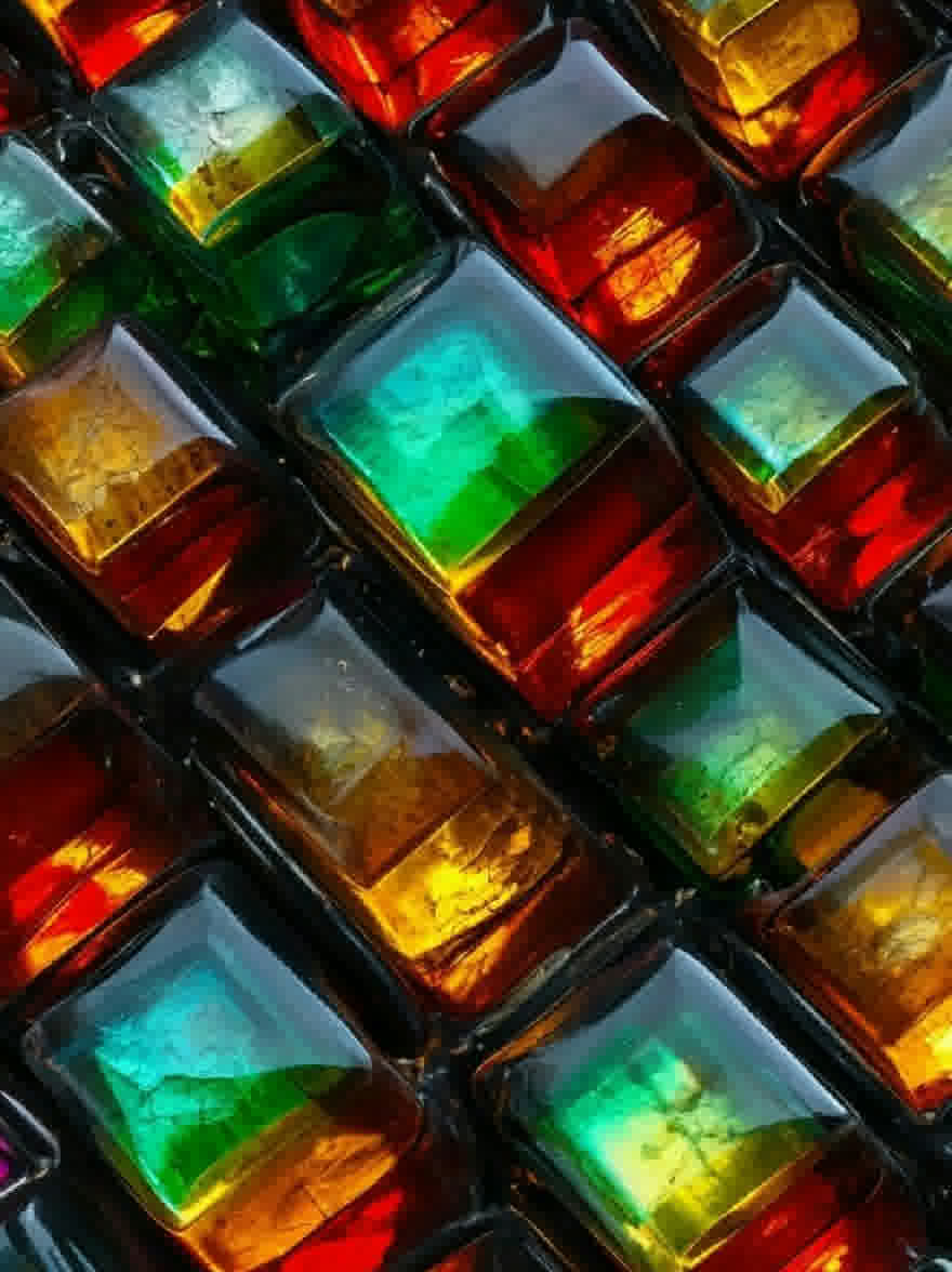 Русский промпт: Крупным планом металлической поверхности, состоящей из разноцветных стеклянных блоков, расположенных в сетке. Блоки имеют различные размеры и цвета, включая красный, зеленый, желтый и синий. Текстура стеклянных блоков грубая и неровная, причем некоторые области выглядят более плавными, чем другие. Цвета легко сочетаются вместе, создавая яркую и динамическую композицию. Изображение имеет высокое разрешение, что делает его подходящим для использования в качестве фона или обоев. | Original prompt: A close-up of a metallic surface composed of multicolored glass blocks arranged in a grid-like pattern. The blocks are of varying sizes and colors, including red, green, yellow, and blue. The texture of the glass blocks is rough and uneven, with some areas appearing smoother than others. The colors blend together seamlessly, creating a vibrant and dynamic composition. The image has a high resolution, making it suitable for use as a background or wallpaper.