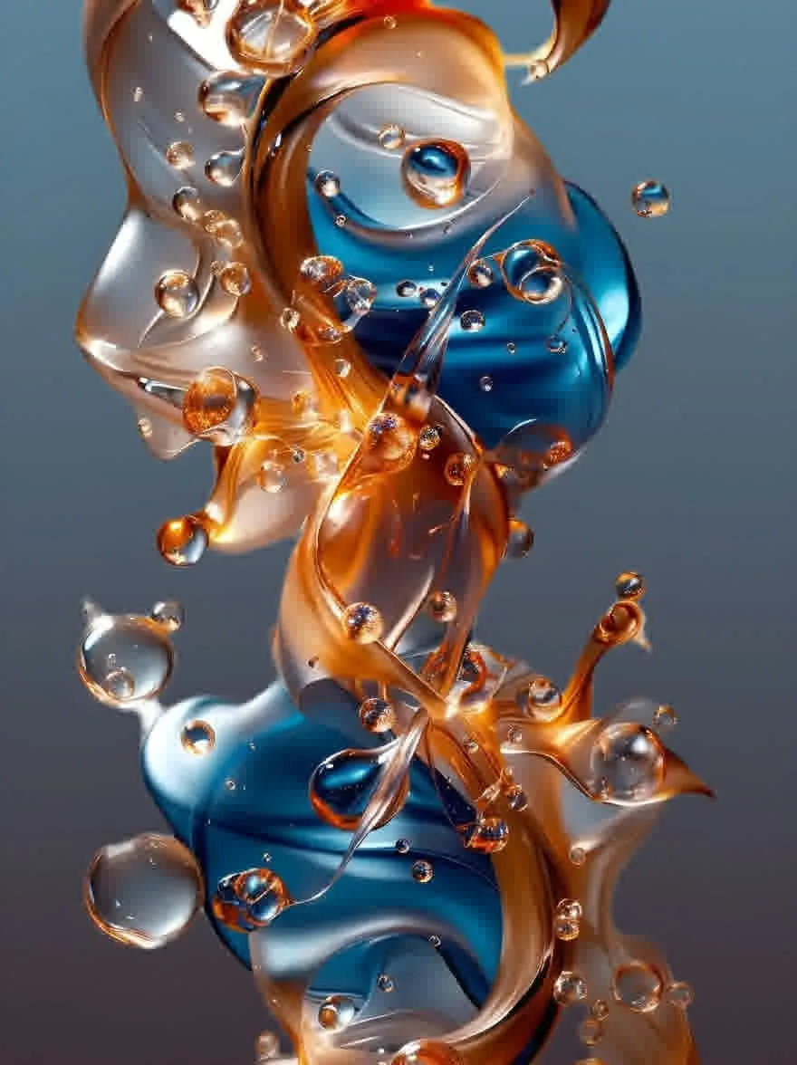 Русский промпт: Высоко детальная, абстрактная цифровая иллюстрация с динамической, жидкой и динамической композицией синих и оранжевых форм и пузырьков. Формы расположены в спираль-подобном рисунке, с синей формой в центре и оранжевой формой с обеих сторон. Пузырьки имеют разные размеры и формы, с некоторыми большими и более сферическими, чем другие. Фон представляет собой градиент светло -синего до темно -серого, создавая поразительный контраст с яркими цветами форм. Общий эффект - это энергия и движение, с чувством глубины и сложности. | Original prompt: A highly detailed, abstract digital illustration featuring a dynamic, fluid, and dynamic composition of blue and orange fluid shapes and bubbles. The shapes are arranged in a spiral-like pattern, with the blue shape at the center and the orange shape at either side. The bubbles are of varying sizes and shapes, with some larger and more spherical than others. The background is a gradient of light blue to dark grey, creating a striking contrast with the vibrant colors of the shapes. The overall effect is one of energy and movement, with a sense of depth and complexity.