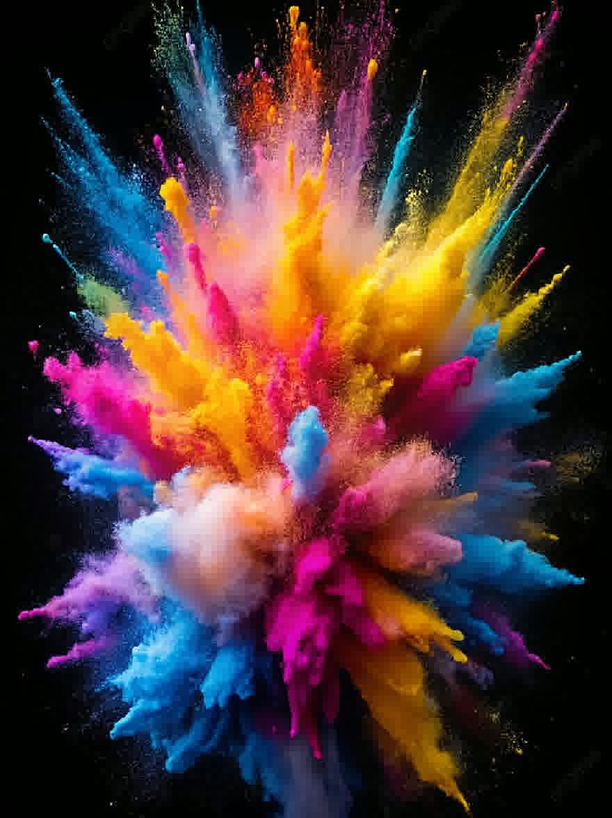 Русский промпт: Большой взрыв яркого, красочного порошка в форме звездочка на темном, сплошном черном фоне. Порошок в различных оттенках синего, розового, желтого, оранжевого и белого, создавая динамичную и энергичную сцену. Взрыв симметричный, с центром звездочка, излучающимся наружу. Цвета яркие и яркие, с чувством энергии и волнения. Текстура порошка гладкая и ухабистая, добавляя к динамическому ощущению изображения. Общий эффект - один из хаоса и разрушения. | Original prompt: A large explosion of vibrant, colorful powder in the shape of a starburst against a dark, solid black background. The powder is in various shades of blue, pink, yellow, orange, and white, creating a dynamic and energetic scene. The explosion is symmetrical, with the center of the starburst radiating outward. The colors are bright and vivid, with a sense of energy and excitement. The texture of the powder is smooth and bumpy, adding to the dynamic feel of the image. The overall effect is one of chaos and destruction.