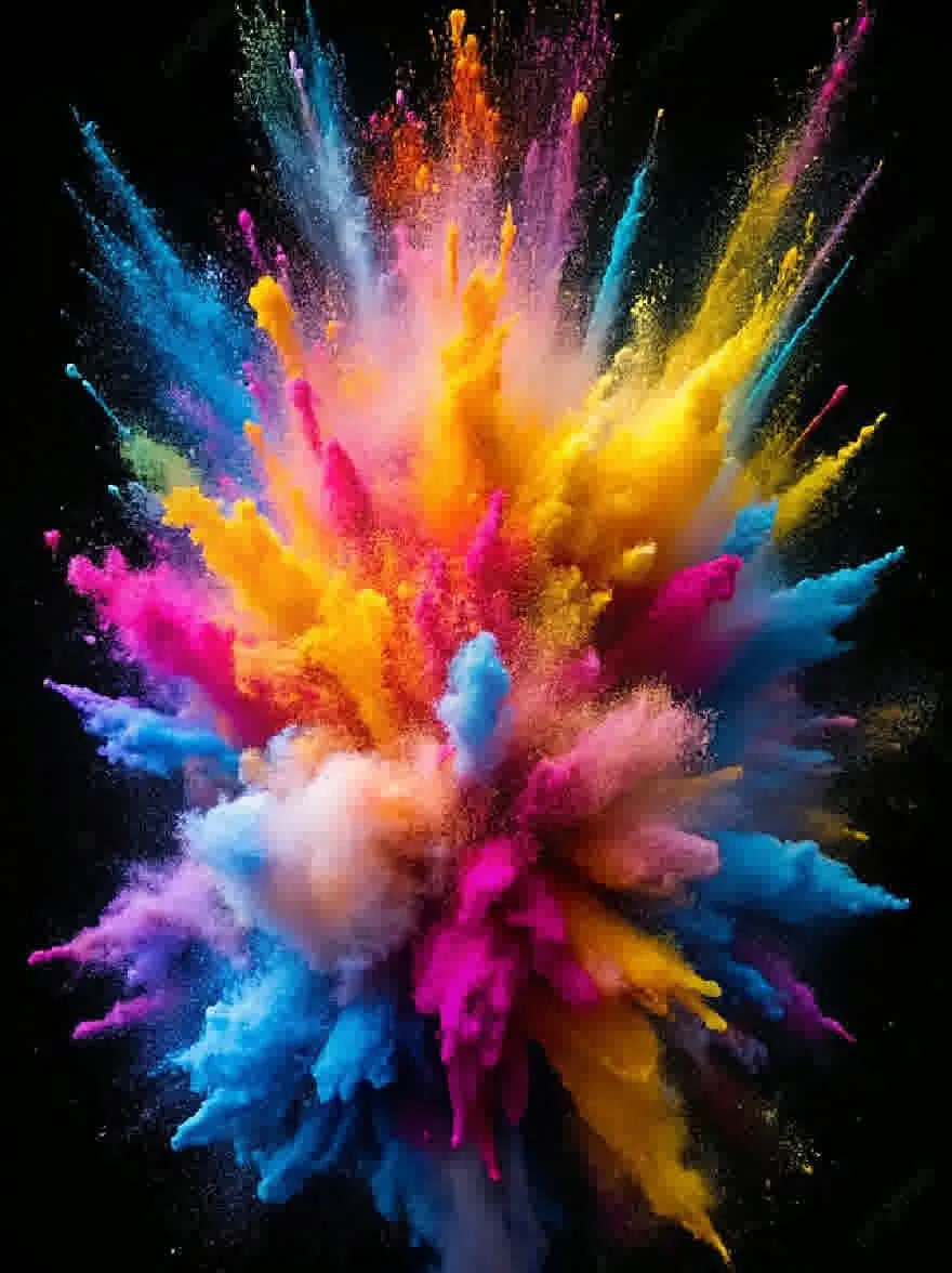 Русский промпт: Большой взрыв яркого, красочного порошка в форме звездочка на темном, сплошном черном фоне. Порошок в различных оттенках синего, розового, желтого, оранжевого и белого, создавая динамичную и энергичную сцену. Взрыв симметричный, с центром звездочка, излучающимся наружу. Цвета яркие и яркие, с чувством энергии и волнения. Текстура порошка гладкая и ухабистая, добавляя к динамическому ощущению изображения. Общий эффект - один из хаоса и разрушения. | Original prompt: A large explosion of vibrant, colorful powder in the shape of a starburst against a dark, solid black background. The powder is in various shades of blue, pink, yellow, orange, and white, creating a dynamic and energetic scene. The explosion is symmetrical, with the center of the starburst radiating outward. The colors are bright and vivid, with a sense of energy and excitement. The texture of the powder is smooth and bumpy, adding to the dynamic feel of the image. The overall effect is one of chaos and destruction.