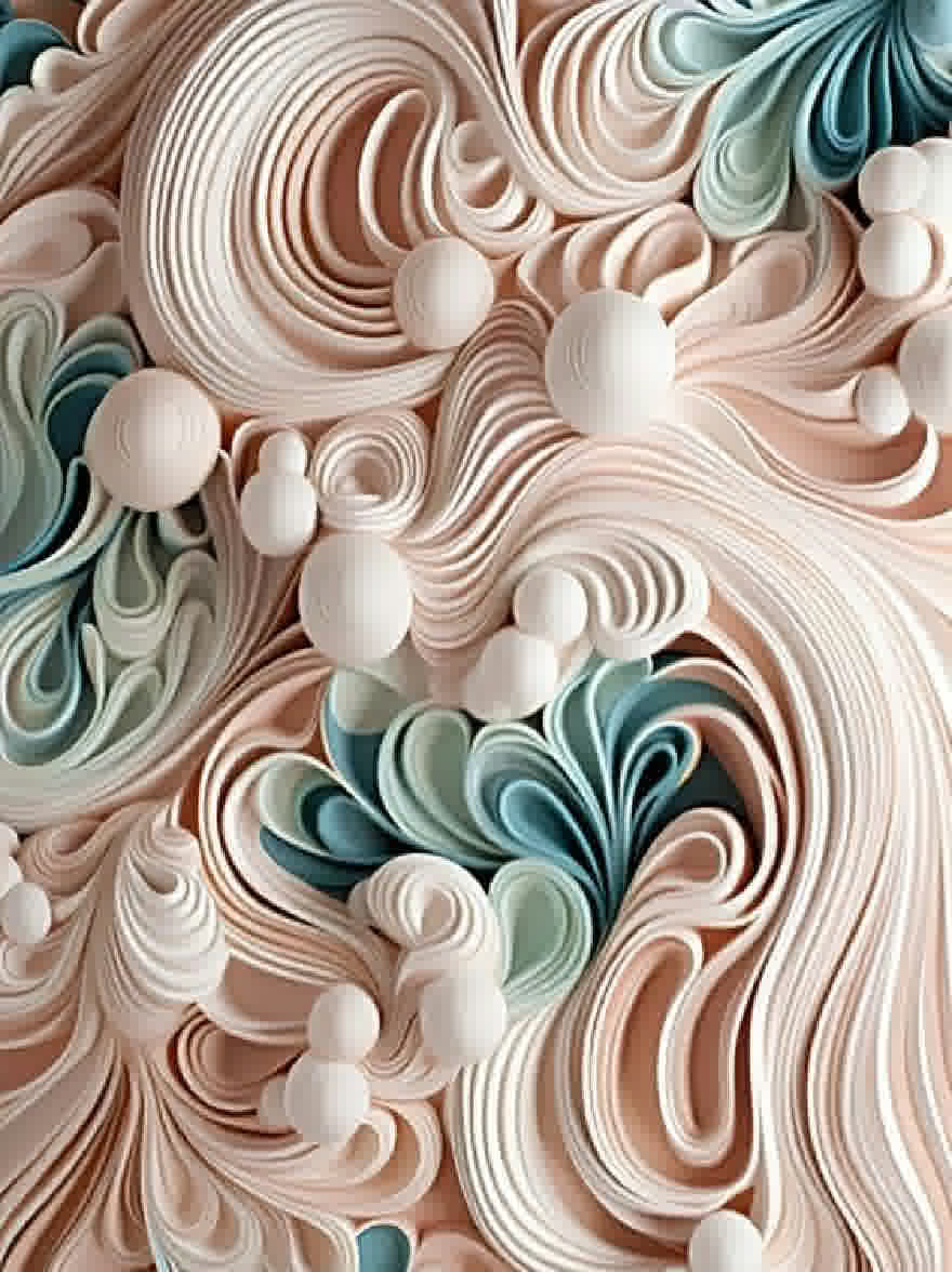 Русский промпт: Крупный план разноцветного абстрактного фона с волнистыми линиями и сферическими формами. Цвета преимущественно пастельные, с оттенками розового, синего и белого. Формы расположены хаотично, с некоторыми перекрывающимися, а некоторые выделяются. Текстура бумаги гладкая и плавная, создавая ощущение движения и глубины. Общий эффект - это текучесть и энергию. Изображение имеет мечтательное, эфирное качество. | Original prompt: A close-up of a multicolored abstract background with wavy lines and spherical shapes. The colors are predominantly pastel, with shades of pink, blue, and white. The shapes are arranged in a chaotic manner, with some overlapping and some standing out. The texture of the paper is smooth and fluid, creating a sense of movement and depth. The overall effect is one of fluidity and energy. The image has a dreamy, ethereal quality.