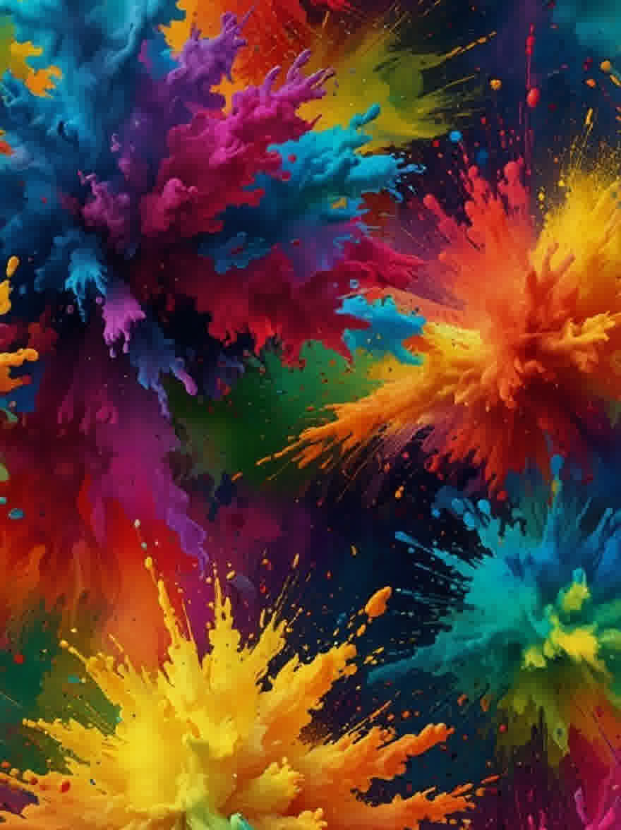 Русский промпт: Яркий, разноцветный взрыв порошка или конфетти на темном, абстрактном фоне. Цвета яркие и яркие, со смесью блюза, зелени, желтых, красных, апельсинов, розовых и пурпурных. Порошок разбрызгивается и разбросан по поверхности, создавая динамичную и хаотическую сцену. Текстура порошка грубая и неровная, с брызгами разных размеров и форм. Общий эффект - один из хаоса и разрушения. Изображение высокое качество, без видимых признаков износа или разрыва. | Original prompt: A vibrant, multicolored explosion of powder or confetti on a dark, abstract background. The colors are bright and vivid, with a mix of blues, greens, yellows, reds, oranges, pinks, and purples. The powder is splattered and scattered across the surface, creating a dynamic and chaotic scene. The texture of the powder is rough and bumpy, with splashes of different sizes and shapes. The overall effect is one of chaos and destruction. The image is high quality, with no visible signs of wear or tear.