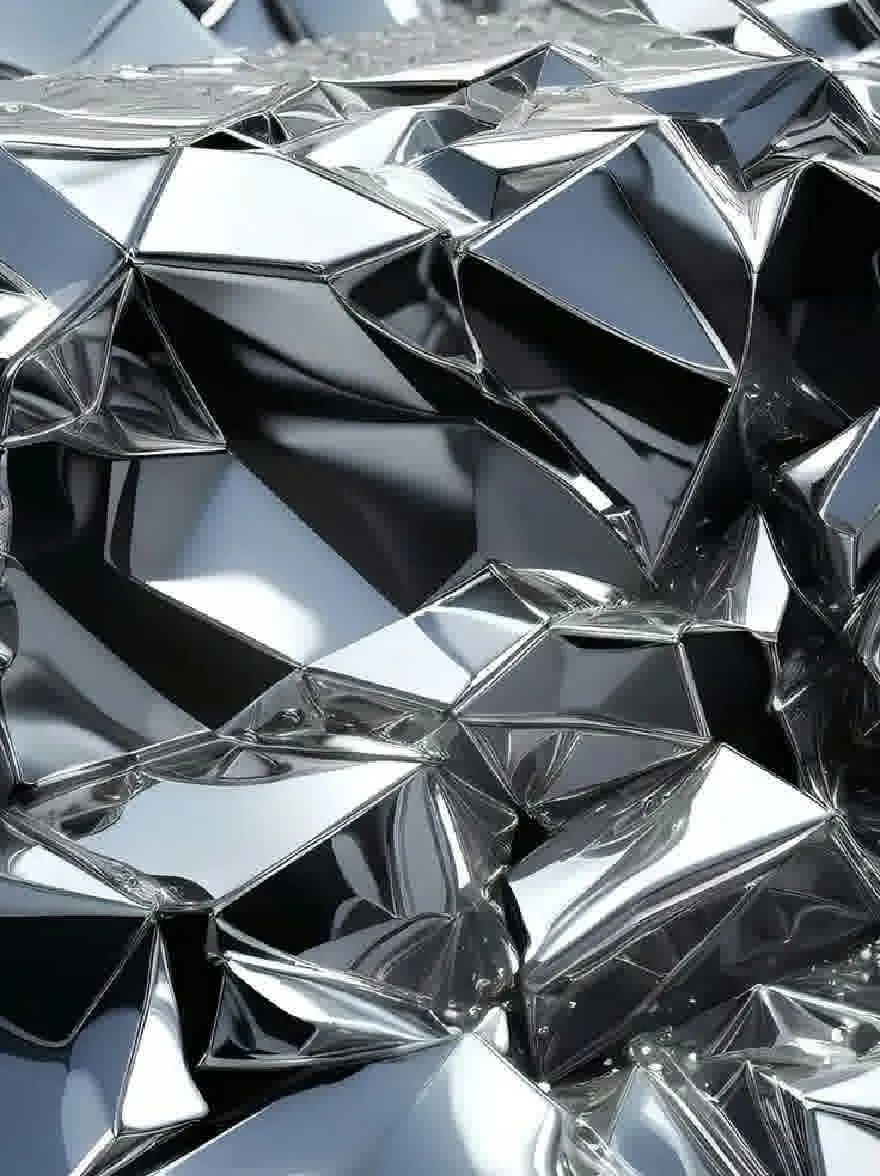 Русский промпт: Крупным планом металлической поверхности, состоящей из треугольных форм, с блестящей, отражающей отделкой. Формы различаются по размеру и форме, а некоторые больше других. Текстура грубая и неровная, с глубокими канавками и щели. Освещение яркое и равномерное, подчеркивая металлический блеск поверхности. Общий эффект - это изысканность и элегантность. | Original prompt: A close-up of a metallic surface composed of triangular shapes, with a shiny, reflective finish. The shapes vary in size and shape, with some being larger than others. The texture is rough and uneven, with deep grooves and crevices. The lighting is bright and even, highlighting the metallic sheen of the surface. The overall effect is one of sophistication and elegance.