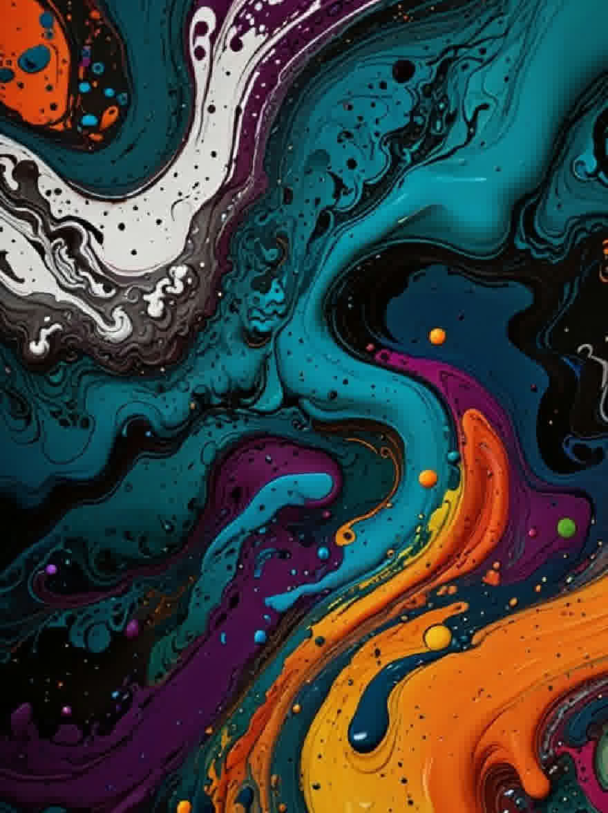 Русский промпт: Яркая, плавная картина со смесью синего, зелени, желтых и апельсинов. Картина имеет гладкую, плавную текстуру с различными оттенками синего, зеленого, фиолетового и оранжевого. Цвета легко сочетаются вместе, создавая завораживающий эффект. Фон темный, что позволяет цветам выделяться еще больше. Общий эффект - это энергия и движение, с цветами, смешивающимися вместе, чтобы создать ощущение глубины и размерности. Изображение высокое качество, без видимых признаков износа или разрыва. | Original prompt: A vibrant, fluid painting with a mix of blues, greens, yellows, and oranges. The painting has a smooth, fluid texture with varying shades of blue, green, purple, and orange. The colors blend together seamlessly, creating a mesmerizing effect. The background is dark, allowing the colors to stand out even more. The overall effect is one of energy and movement, with the colors blending together to create a sense of depth and dimensionality. The image is high quality, with no visible signs of wear or tear.