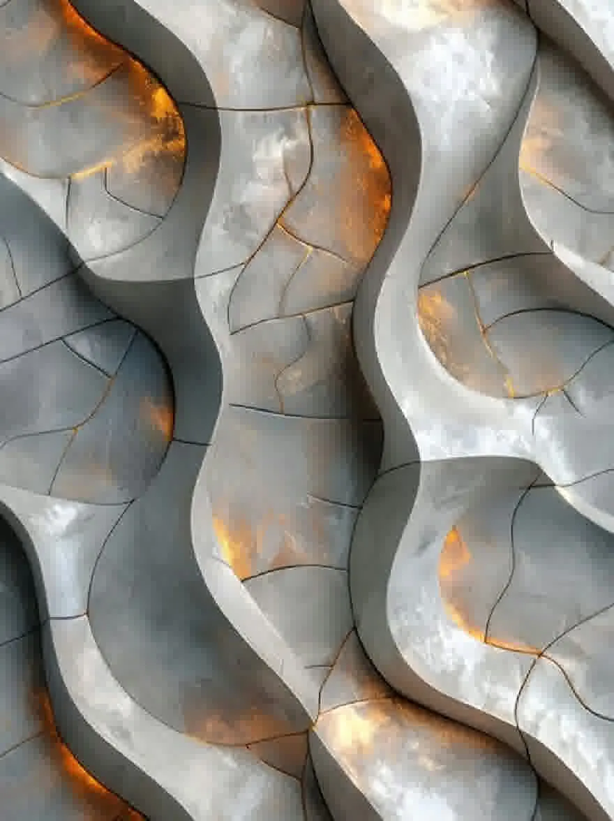 Русский промпт: Крупным планом бетонной стены с волнистыми, нерегулярно формированными трещинами в различных оттенках серого и белого, создавая текстурированную поверхность с теплым оранжевым сиянием, исходящим от трещин. Текстура поверхности грубая и неровная, с некоторыми областями появляются темнее, а другие легче. Освещение мягкое и теплое, прописывая тонкое свечение на трещины и создавая ощущение глубины и измерения. Общий эффект - это природная красота и безмятежность. | Original prompt: A close-up of a concrete wall with wavy, irregularly shaped cracks in varying shades of gray and white, creating a textured surface with a warm, orange glow emanating from the cracks. The texture of the surface is rough and uneven, with some areas appearing darker and others lighter. The lighting is soft and warm, casting a subtle glow on the cracks and creating a sense of depth and dimension. The overall effect is one of natural beauty and serenity.