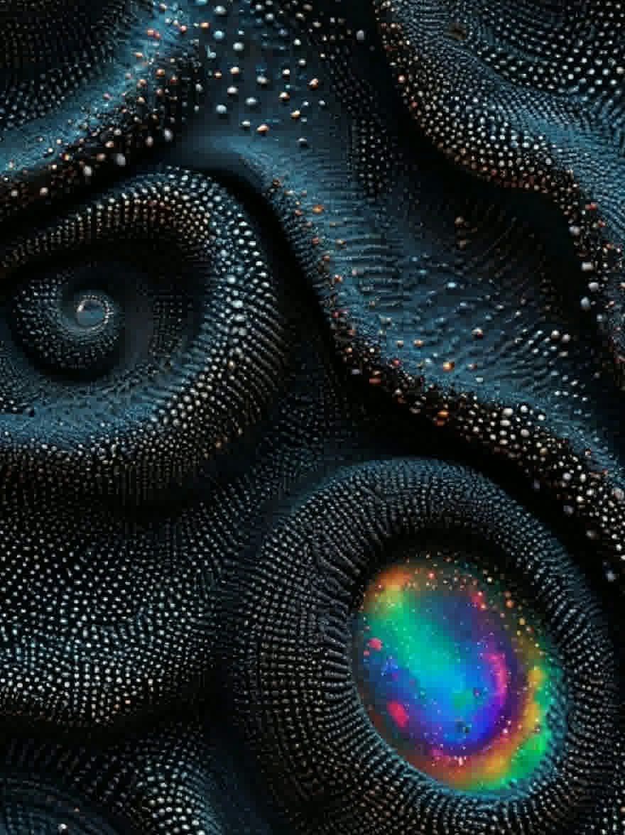 Русский промпт: Крупным планом яркой, радужной туманности радуги в центре темной текстурированной поверхности. Туманность состоит из нескольких концентрических кругов, каждый с уникальным спиральным рисунком, излучающимся наружу. Цвета смешиваются вместе, чтобы создать завораживающий эффект, с оттенками синего, зеленого, желтого, розового и фиолетового излучения, излучающихся наружу от центра. Текстура туманности кажется грубой и ухабистой, с небольшими ударами и хребтами. Фон - глубокий, темно -синий, обеспечивающий резкий контраст с яркими цветами. Общий эффект - это страх и удивление. | Original prompt: A close-up of a vibrant, iridescent rainbow-colored nebula in the center of a dark, textured surface. The nebula is composed of multiple concentric circles, each with a unique spiral pattern radiating outwards. The colors blend together to create a mesmerizing effect, with shades of blue, green, yellow, pink, and purple radiating outward from the center. The texture of the nebula appears rough and bumpy, with small bumps and ridges. The background is a deep, dark blue, providing a stark contrast to the vivid colors. The overall effect is one of awe and wonder.