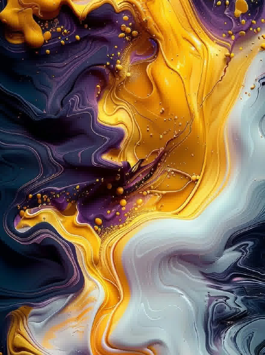 Русский промпт: Крупным планом жидкой живописи со смесью желтых, фиолетовых и белых цветов. Цвета легко сочетаются вместе, создавая завораживающий эффект. Текстура жидкости является гладкой и жидкой, с вихрями и кривыми, которые создают ощущение глубины и измерения. Желтые и фиолетовые оттенки легко смешиваются в синие и белые оттенки, причем некоторые области кажутся темнее других. Картина обладает мечтательным, эфирным качеством, с цветами, смешивающимися, чтобы создать красивое и захватывающее визуальное изображение. Общий эффект - это текучесть и движение. | Original prompt: A close-up of a fluid painting with a mix of yellow, purple, and white colors. The colors blend together seamlessly, creating a mesmerizing effect. The texture of the fluid is smooth and fluid, with swirls and curves that create a sense of depth and dimension. The yellow and purple hues blend seamlessly into the blue and white hues, with some areas appearing darker than others. The painting has a dreamy, ethereal quality to it, with the colors blending together to create a beautiful and captivating visual. The overall effect is one of fluidity and movement.