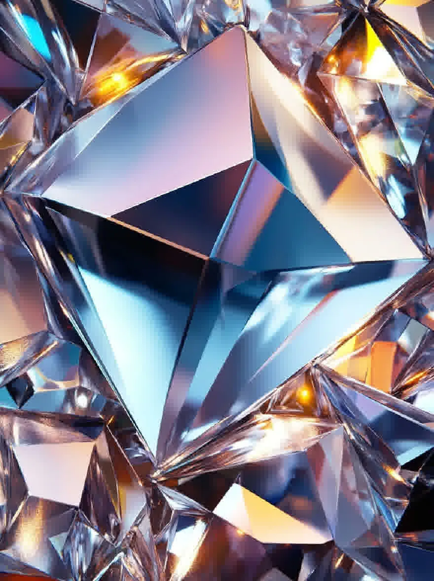 Русский промпт: Крупным планом очень подробной кристаллической структуры, состоящей из треугольных призматических форм в различных оттенках синего, серебра и меди. Формы расположены в симметричном рисунке, а некоторые перекрывают друг друга, создавая ощущение глубины и размерности. Фон размыт, что позволяет фигурам выделиться на видном месте. Освещение мягкое и теплое, выделяя аспекты кристаллов и создавая мерцающий эффект. Общий эффект - это изысканность и элегантность. | Original prompt: A close-up of a highly detailed, crystalline structure composed of triangular prismatic shapes in various shades of blue, silver, and copper. The shapes are arranged in a symmetrical pattern, with some overlapping each other, creating a sense of depth and dimensionality. The background is blurred, allowing the shapes to stand out prominently. The lighting is soft and warm, highlighting the facets of the crystals and creating a shimmering effect. The overall effect is one of sophistication and elegance.