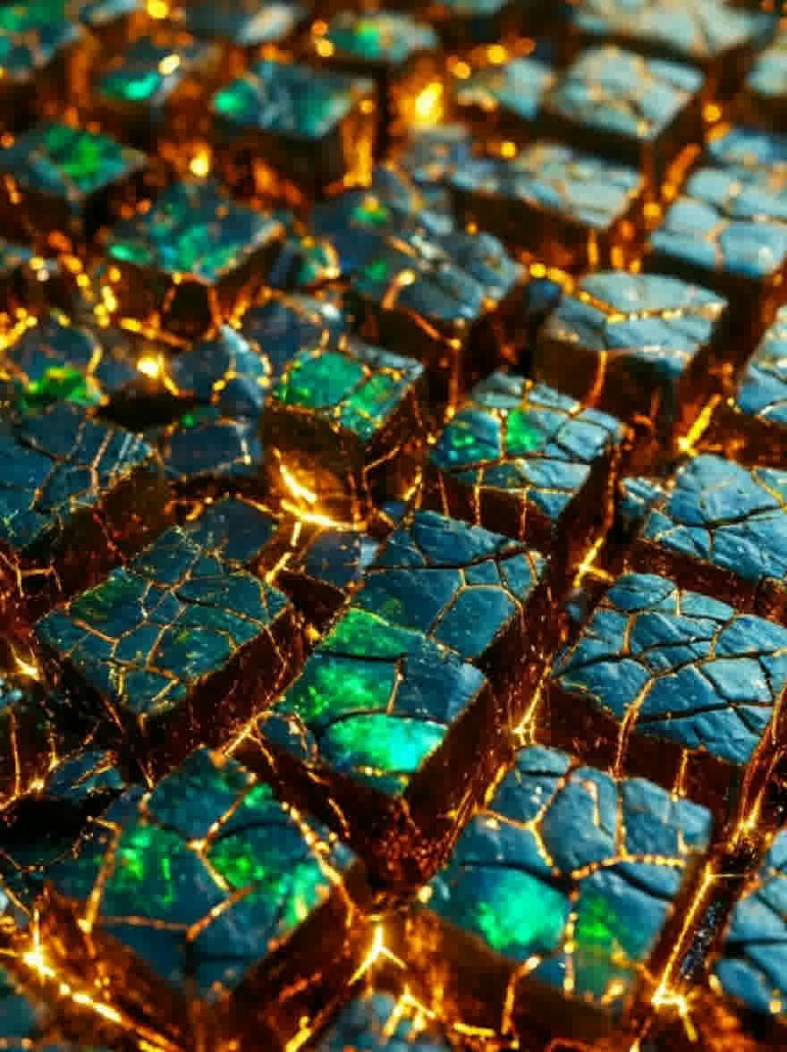 Русский промпт: Крупным видом на потрескавшуюся поверхность, состоящая из небольших, нерегулярно формированных кубиков в оттенках синего, зеленого и золотого. Текстура кубиков грубая и неровная, с трещинами и расщелинами повсюду. Фон представляет собой смесь теплых, золотых оттенков, с акцентом на трещины и текстуры. Изображение имеет высококачественный стиль макросъемки с мелкой глубиной поля. | Original prompt: A close-up view of a cracked surface composed of small, irregularly shaped cubes in shades of blue, green, and gold. The texture of the cubes is rough and uneven, with cracks and crevices throughout. The background is a mix of warm, golden hues, with a focus on the cracks and textures. The image has a high-quality, macro photography style with a shallow depth of field.