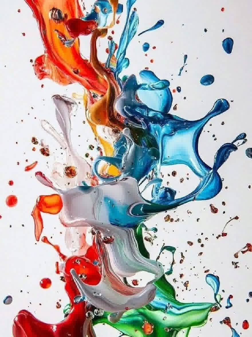 Русский промпт: Фотография красочной, жидкой краски брызги и брызги на белом фоне. Цвета яркие и разнообразные, со смесью красного, оранжевого, желтого, синего, зеленого и белого. Краска расположена таким образом, что создает ощущение движения и энергии, с брызгами разных размеров и форм. Текстура краски гладкая и глянцевая, отражая свет и создавая завораживающий эффект. Фон - резкий белый, обеспечивающий чистый и четкий контраст с яркими цветами. Образ высокого качества и имеет современное, абстрактное чувство. | Original prompt: A photograph of colorful, fluid paint splashes and splashes on a white background. The colors are vibrant and varied, with a mix of red, orange, yellow, blue, green, and white. The paint is arranged in a way that creates a sense of movement and energy, with splashes of different sizes and shapes. The texture of the paint is smooth and glossy, reflecting the light and creating a mesmerizing effect. The background is a stark white, providing a clean and crisp contrast to the vivid colors. The image is high quality and has a modern, abstract feel.