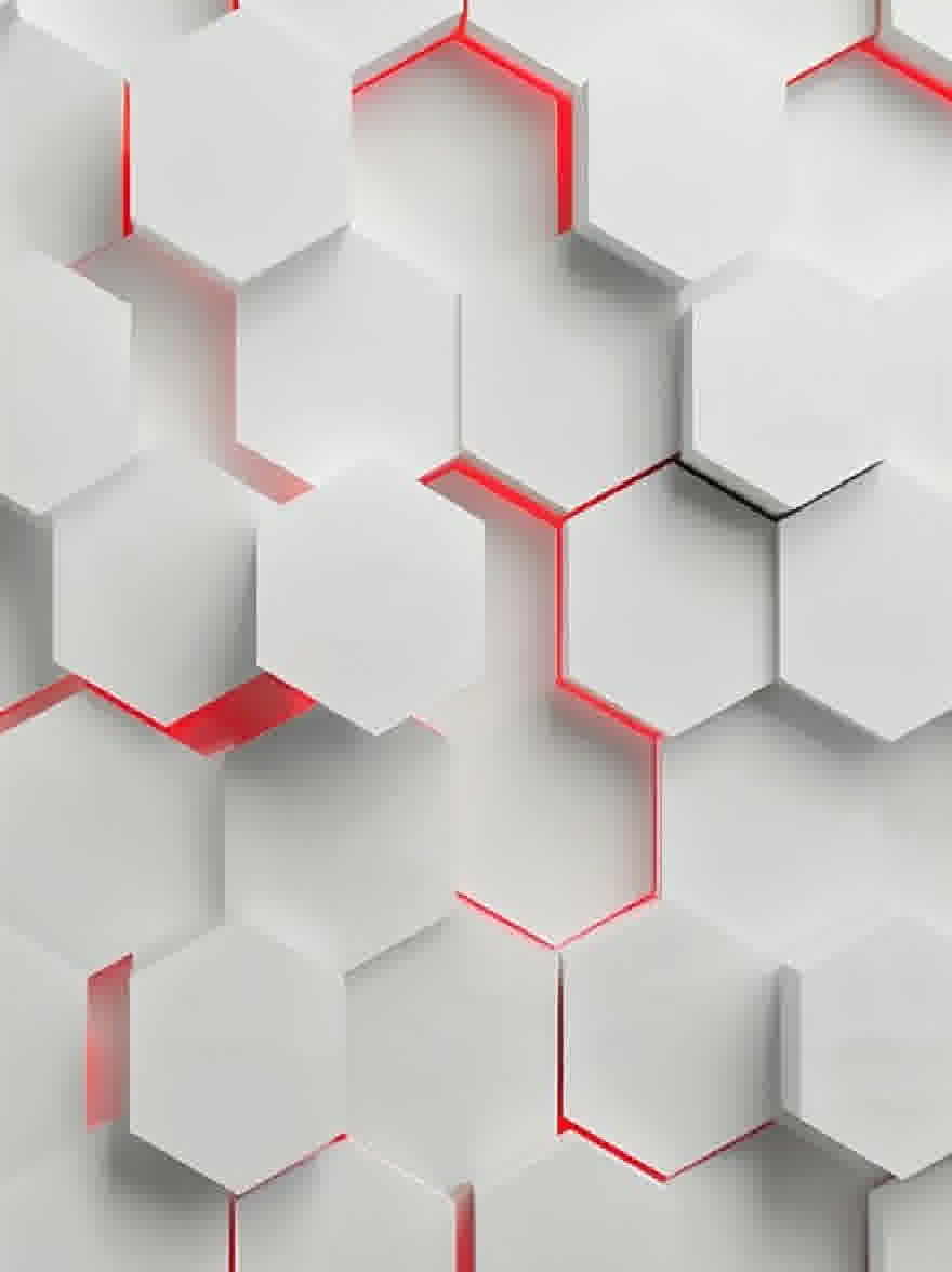 Русский промпт: Изображение показывает бесшовный геометрический рисунок, состоящий из белых гексагонов, расположенных в повторяющемся рисунке, причем каждый шестигран имеет отчетливую красную линию, проходящую через него. Гексагоны имеют разные размеры и формы, причем некоторые из них больше, чем другие, создавая ощущение глубины и размерности. Фон представляет собой твердый белый цвет, обеспечивающий резкий контраст с ярко -красными линиями. Общий эффект - современный и минималистичный дизайн, с акцентом на геометрические формы и текстуры. | Original prompt: The image shows a seamless geometric pattern composed of white hexagons arranged in a repeating pattern, with each hexagon having a distinct red line running through it. The hexagons are of varying sizes and shapes, with some being larger than others, creating a sense of depth and dimensionality. The background is a solid white color, providing a stark contrast to the bright red lines. The overall effect is a modern and minimalistic design, with a focus on geometric shapes and textures.