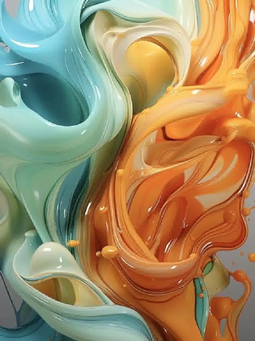Русский промпт: Высоко детальная, жидкая, абстрактная живопись с гладкой, жидкой текстурой. Цвета яркие и разнообразные, с оттенками синего, зеленого и оранжевого. Фон - твердый серый, обеспечивающий резкий контраст с яркими цветами жидкости. Формы жидкости кружатся и гладкие, создавая завораживающий эффект. Картина обладает мечтательным, эфирным качеством, с акцентом на текучесть и текучесть. Общий эффект - это движение и энергию. | Original prompt: A highly detailed, fluid, abstract painting with a smooth, fluid texture. The colors are vibrant and varied, with shades of blue, green, and orange. The background is a solid gray, providing a stark contrast to the vivid colors of the fluid. The fluid forms are swirling and smooth, creating a mesmerizing effect. The painting has a dreamy, ethereal quality, with a focus on fluidity and fluidity. The overall effect is one of movement and energy.
