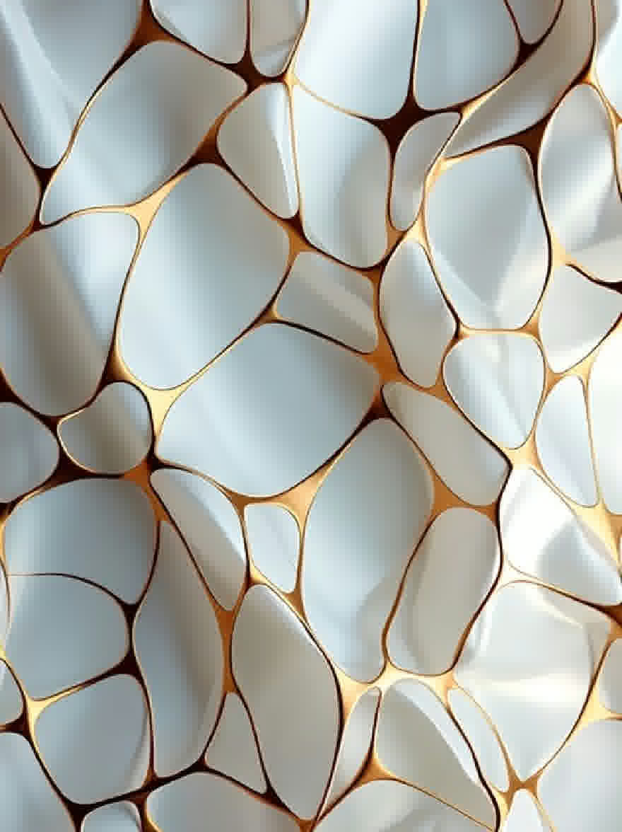 Русский промпт: Крупным планом бесшовного рисунка, состоящего из волнистых линий нерегулярной формы в оттенках белого и золотого. Линии расположены в повторяющемся шаблоне, создавая ощущение глубины и измерения. Фон представляет собой градиент голубого и белого, с тонкой текстурой. Общий эффект - современный минималистский дизайн. Изображение высококачественное и имеет водяной знак в правом нижнем углу. | Original prompt: A close-up of a seamless pattern composed of irregularly shaped, wavy lines in shades of white and gold. The lines are arranged in a repeating pattern, creating a sense of depth and dimension. The background is a gradient of light blue and white, with a subtle texture. The overall effect is a modern, minimalist design. The image is high quality and has a watermark in the bottom right corner.