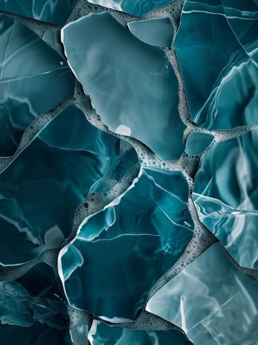 Русский промпт: A close-up photograph of a serene, reflective surface composed of irregularly shaped glass pieces in shades of teal and gray. The glass pieces are arranged in a random pattern, with some overlapping and some standing upright. The texture of the glass is rough and uneven, with cracks and crevices visible. The lighting is soft and natural, highlighting the glass's glossy finish. The background is blurred, allowing the glass pieces to be the main focus of the image. The overall effect is one of calmness and tranquility. | Original prompt: A close-up photograph of a serene, reflective surface composed of irregularly shaped glass pieces in shades of teal and gray. The glass pieces are arranged in a random pattern, with some overlapping and some standing upright. The texture of the glass is rough and uneven, with cracks and crevices visible. The lighting is soft and natural, highlighting the glass's glossy finish. The background is blurred, allowing the glass pieces to be the main focus of the image. The overall effect is one of calmness and tranquility.