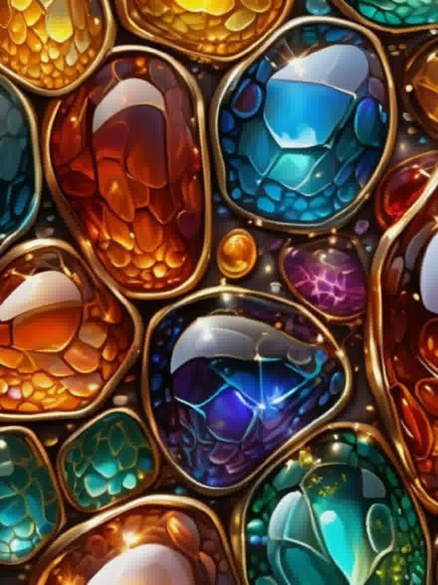 Русский промпт: Яркая, детальная цифровая иллюстрация бесшовного рисунка красочных драгоценных камней с различными формами и размерами. Драгоценные камни расположены в повторном рисунке, причем каждый драгоценный камень имеет уникальный цвет и текстуру. Цвета варьируются от глубокого блюза и зелени до теплых апельсинов и желтых, создавая визуально стимулирующую и очаровательную сцену. Фон темный, что позволяет драгоценным камням выделяться еще больше. Общий эффект - это роскошь и изощренность. | Original prompt: A vibrant, detailed digital illustration of a seamless pattern of colorful gemstones with a variety of shapes and sizes. The gems are arranged in a repeating pattern, with each gem having a unique color and texture. The colors range from deep blues and greens to warm oranges and yellows, creating a visually stimulating and captivating scene. The background is dark, allowing the gems to stand out even more. The overall effect is one of luxury and sophistication.