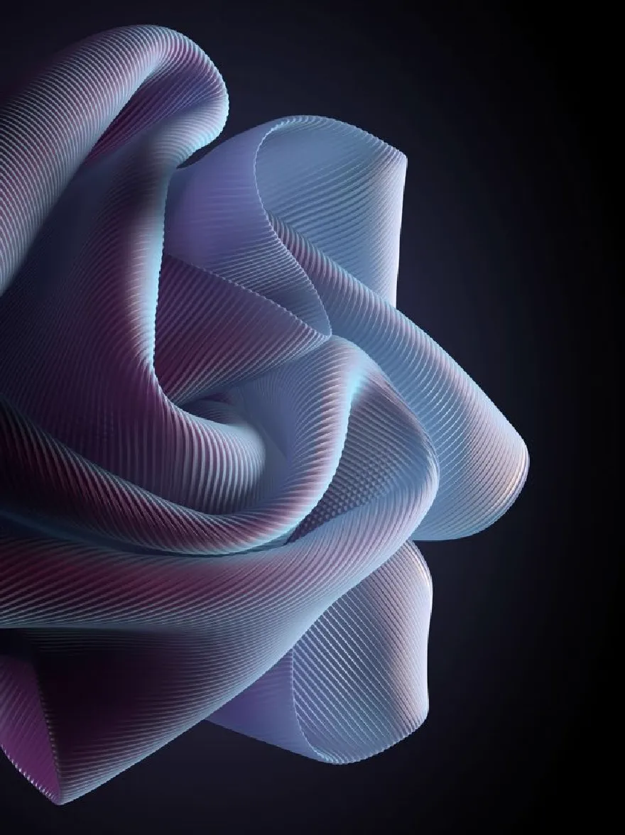 Русский промпт: A 3D rendering of a stylized, abstract flower with wavy lines in shades of blue and purple. The flower is in the center of the image, with a dark, solid black background providing a stark contrast. The lines are thin and wavy, creating a sense of movement and depth. The colors blend together seamlessly, with the blue being the dominant color and the purple being a lighter shade. The petals are symmetrical and have a smooth, fluid texture. The image has a modern, minimalist aesthetic with clean lines and a minimalistic design. | Original prompt: A 3D rendering of a stylized, abstract flower with wavy lines in shades of blue and purple. The flower is in the center of the image, with a dark, solid black background providing a stark contrast. The lines are thin and wavy, creating a sense of movement and depth. The colors blend together seamlessly, with the blue being the dominant color and the purple being a lighter shade. The petals are symmetrical and have a smooth, fluid texture. The image has a modern, minimalist aesthetic with clean lines and a minimalistic design.