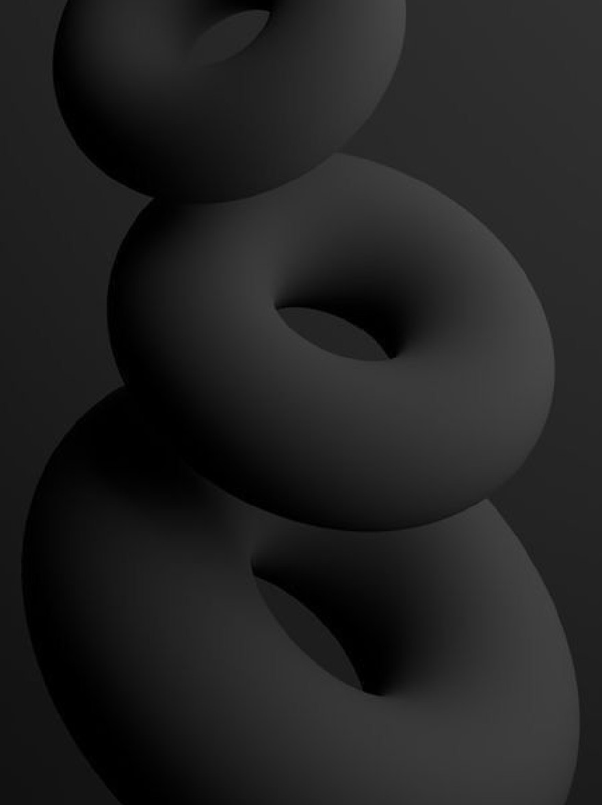 Русский промпт: Photograph of two identical black donuts stacked on top of each other, forming a continuous loop shape, against a dark, minimalist background. The donuts have a smooth, glossy texture and are arranged in a symmetrical manner, with the top donut slightly higher than the bottom donut. The image has a minimalist, monochromatic aesthetic, with a focus on contrast between the two donuts and the dark background. | Original prompt: Photograph of two identical black donuts stacked on top of each other, forming a continuous loop shape, against a dark, minimalist background. The donuts have a smooth, glossy texture and are arranged in a symmetrical manner, with the top donut slightly higher than the bottom donut. The image has a minimalist, monochromatic aesthetic, with a focus on contrast between the two donuts and the dark background.